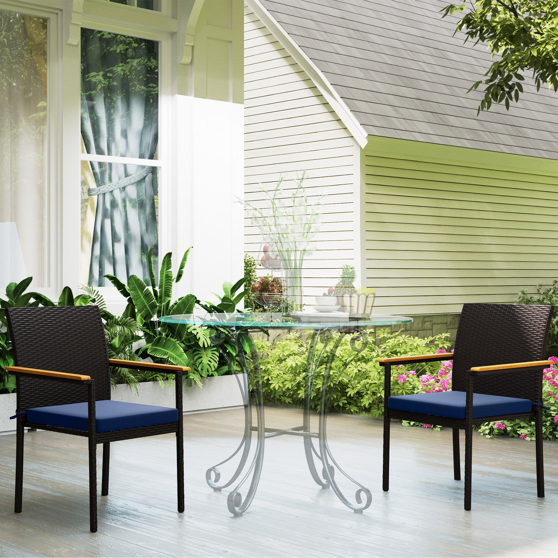 Aosom Set of 2 Stackable Wicker Patio Chairs - Navy Blue-Patio & Garden > Patio Furniture > Patio Chairs > Patio Dining Chairs-DECOROLALA