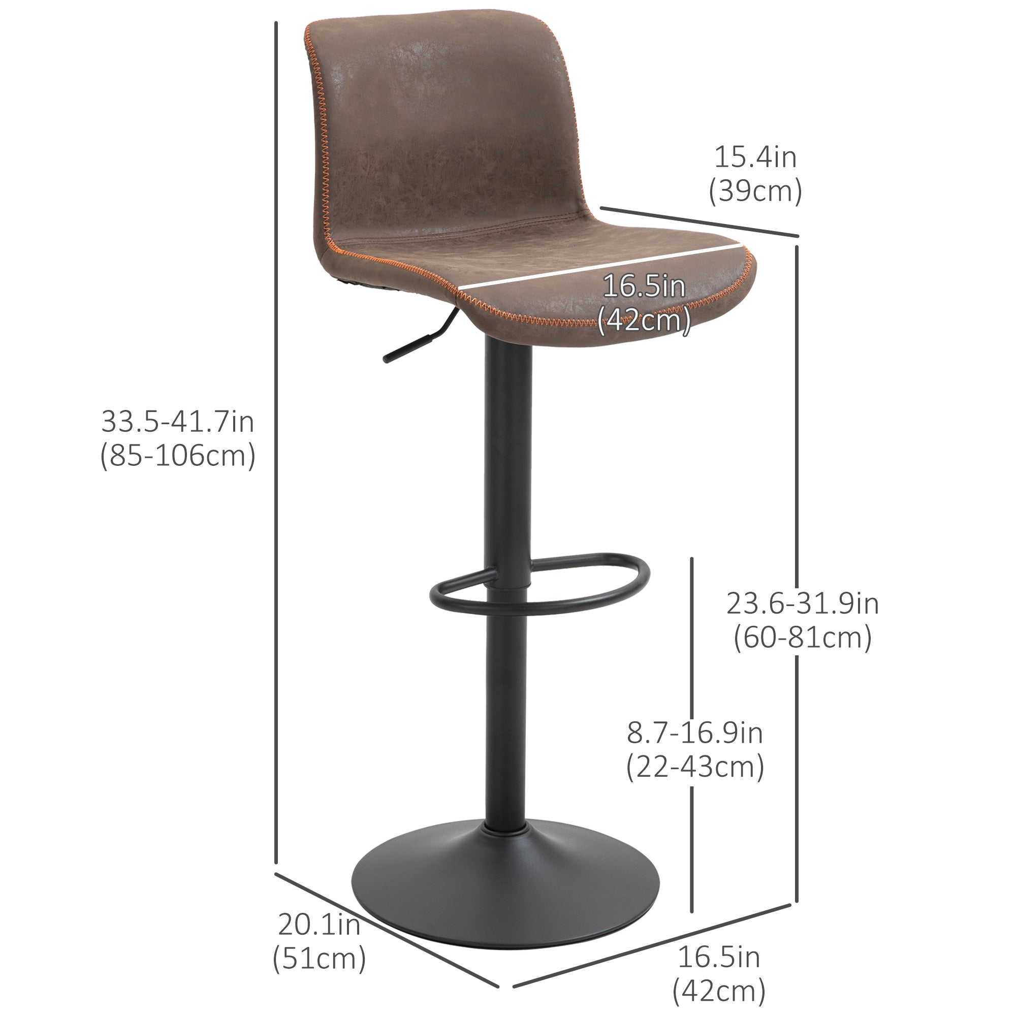 Aosom Set of 2 Swivel Adjustable Bar Stools - Brown PU Leather-Home Furnishings > Kitchen & Dining Furniture > Bar Stools-DECOROLALA
