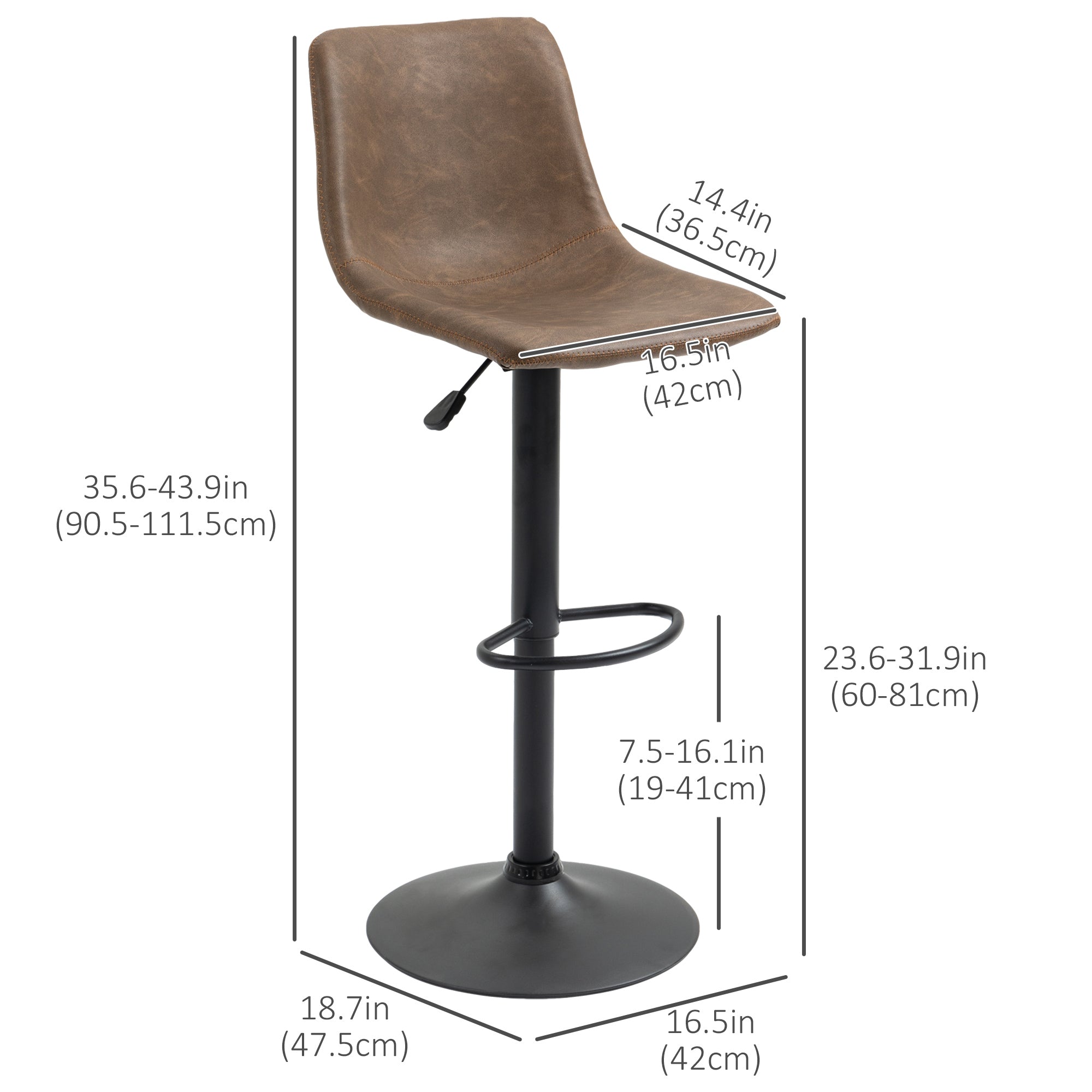 Aosom Set of 2 Swivel Adjustable Bar Stools - Brown PU Leather-Home Furnishings > Kitchen & Dining Furniture > Bar Stools-DECOROLALA