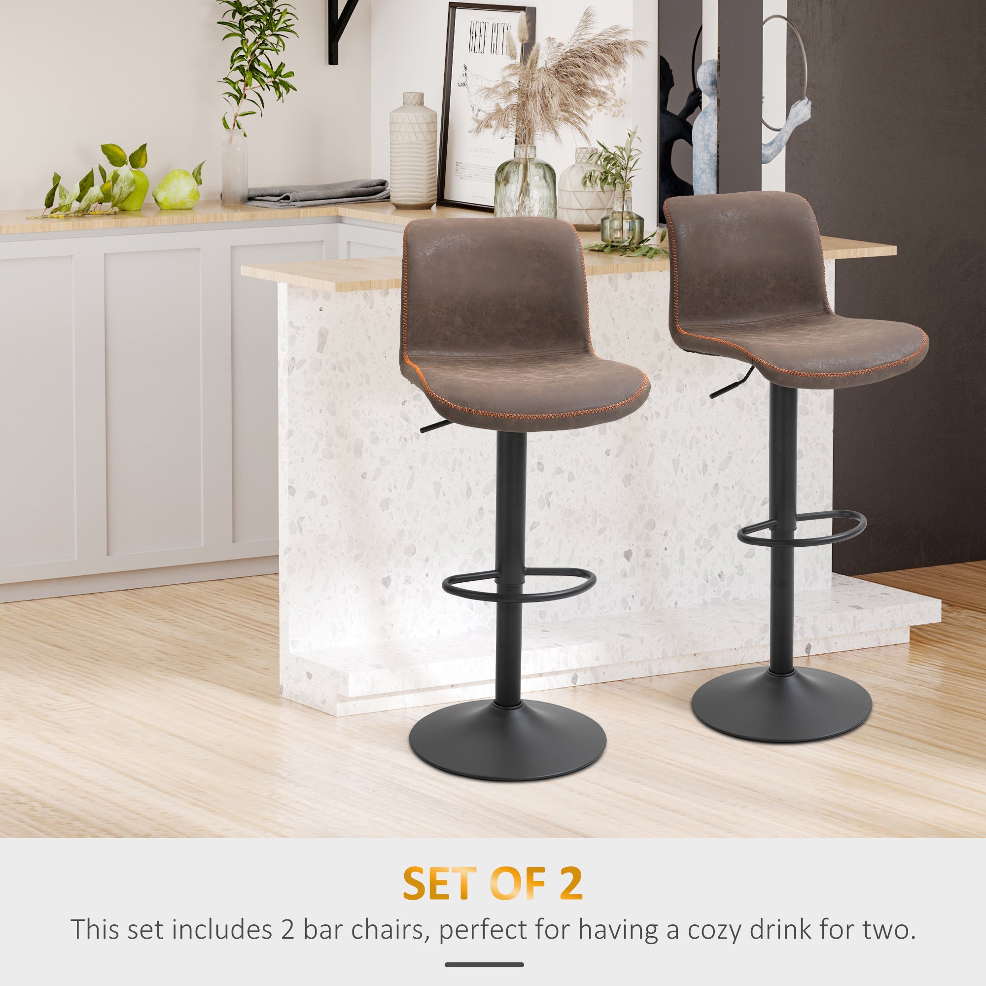 Aosom Set of 2 Swivel Adjustable Bar Stools - Brown PU Leather-Home Furnishings > Kitchen & Dining Furniture > Bar Stools-DECOROLALA
