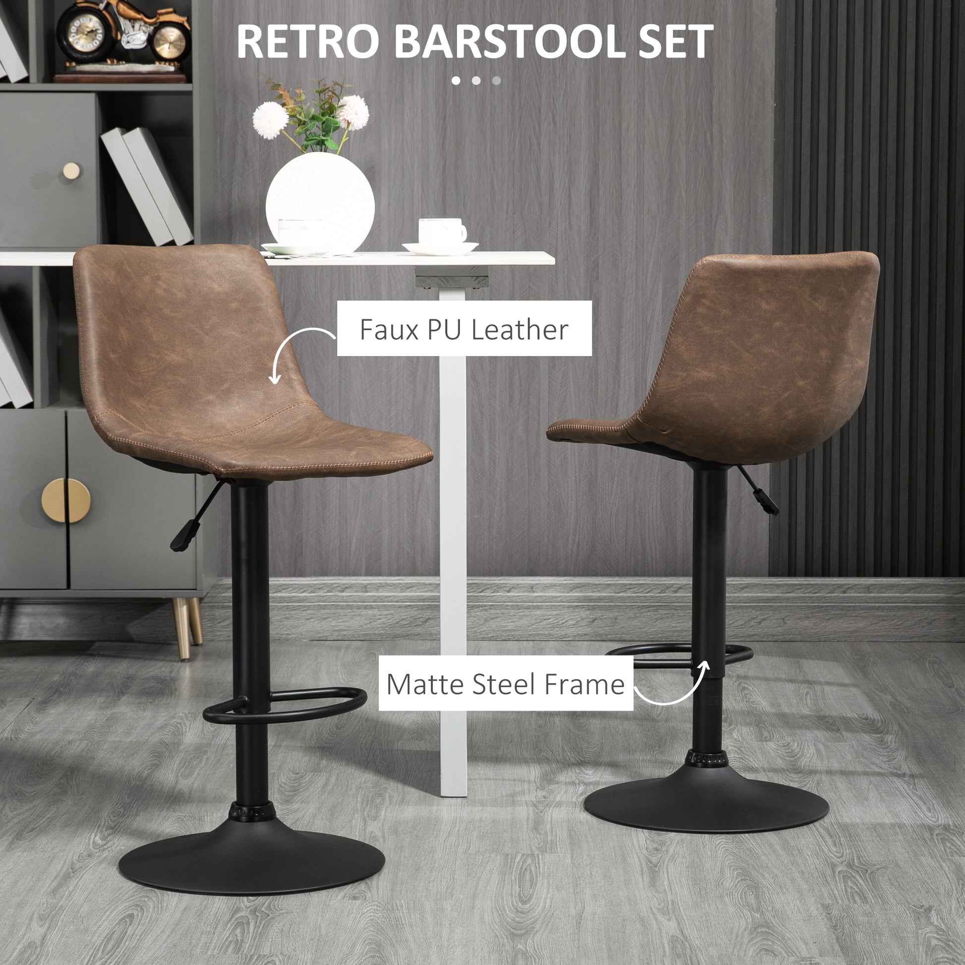 Aosom Set of 2 Swivel Adjustable Bar Stools - Brown PU Leather-Home Furnishings > Kitchen & Dining Furniture > Bar Stools-DECOROLALA