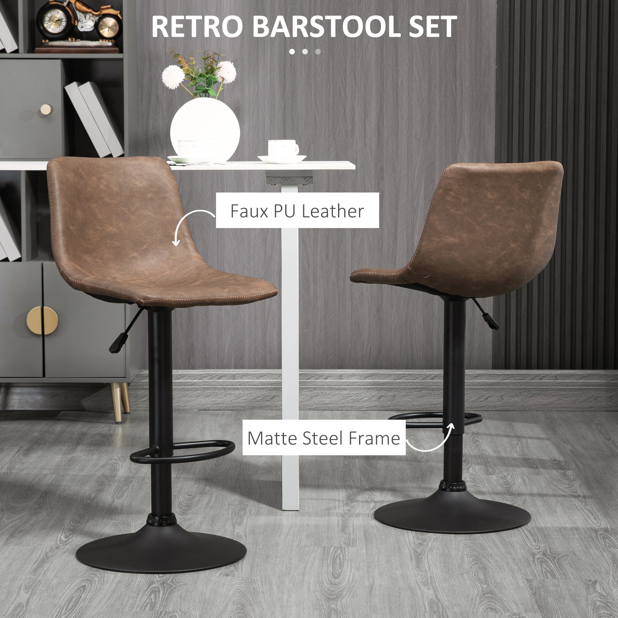 Aosom Set of 2 Swivel Adjustable Bar Stools - Brown PU Leather-Home Furnishings > Kitchen & Dining Furniture > Bar Stools-DECOROLALA