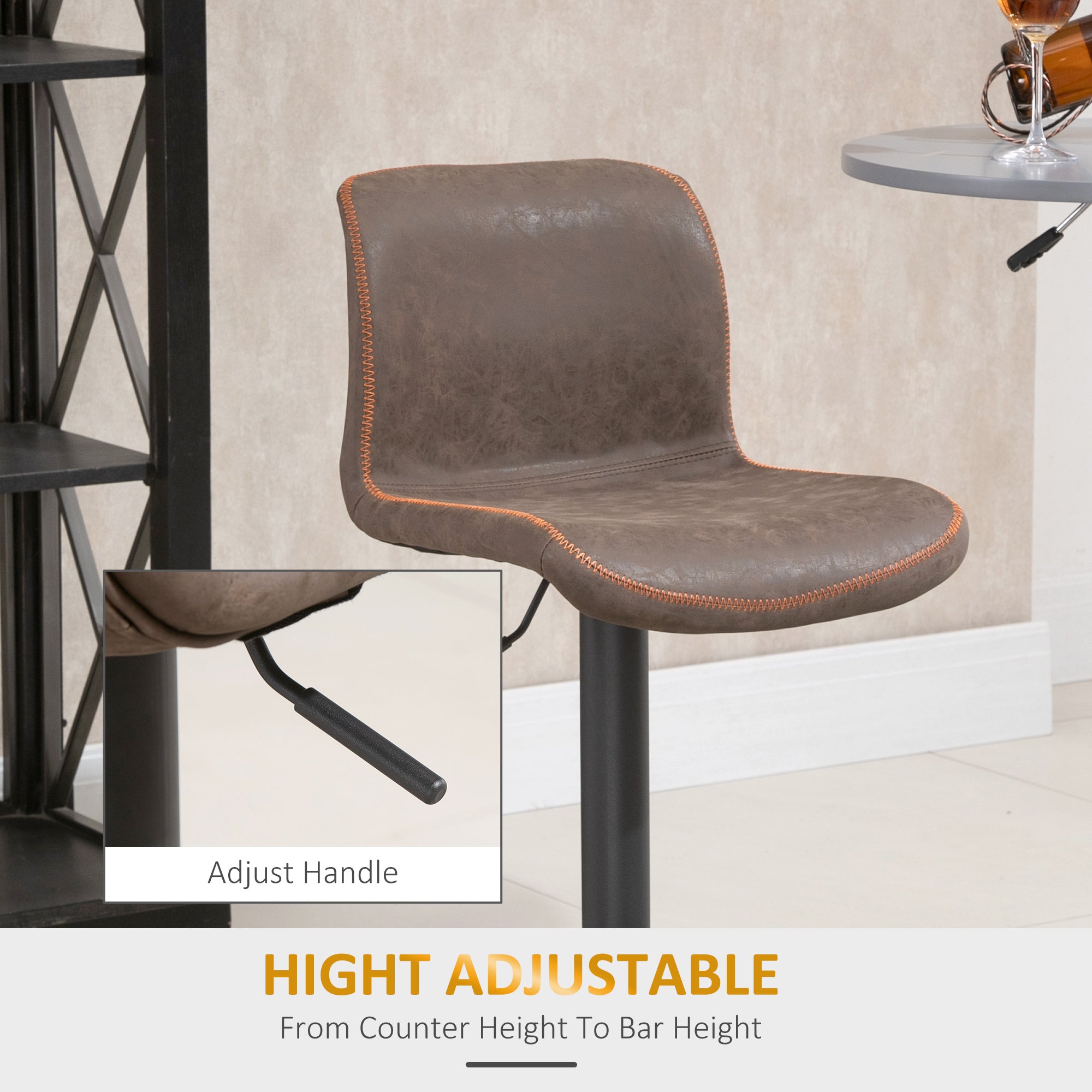 Aosom Set of 2 Swivel Adjustable Bar Stools - Brown PU Leather-Home Furnishings > Kitchen & Dining Furniture > Bar Stools-DECOROLALA