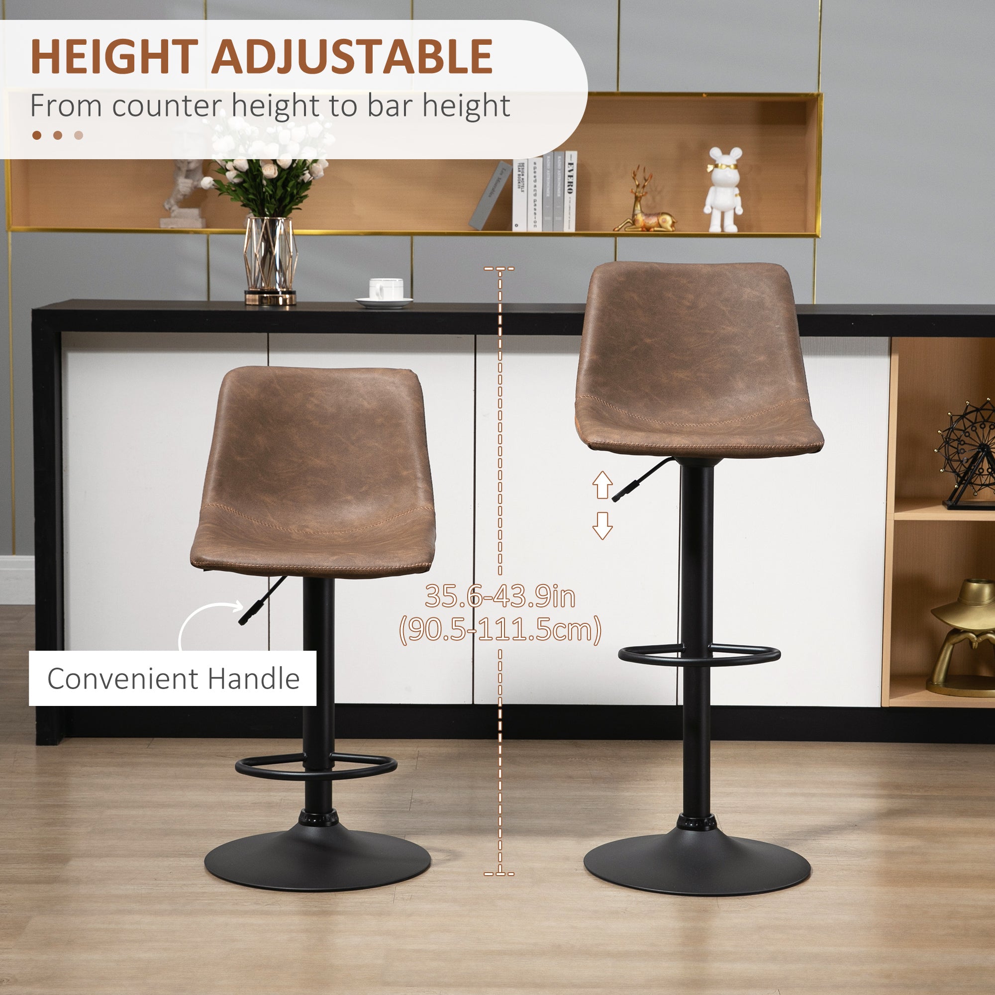 Aosom Set of 2 Swivel Adjustable Bar Stools - Brown PU Leather-Home Furnishings > Kitchen & Dining Furniture > Bar Stools-DECOROLALA