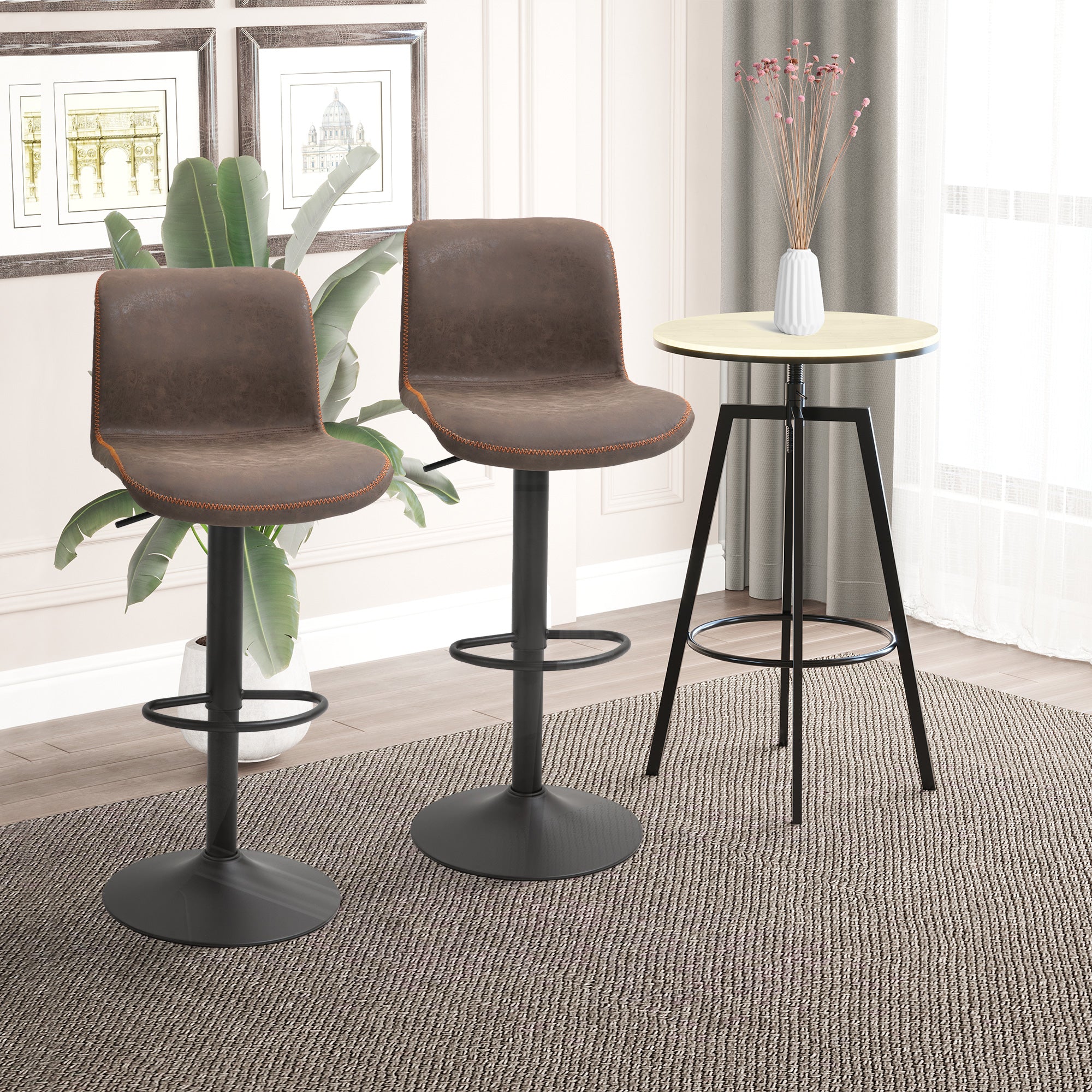 Aosom Set of 2 Swivel Adjustable Bar Stools - Brown PU Leather-Home Furnishings > Kitchen & Dining Furniture > Bar Stools-DECOROLALA
