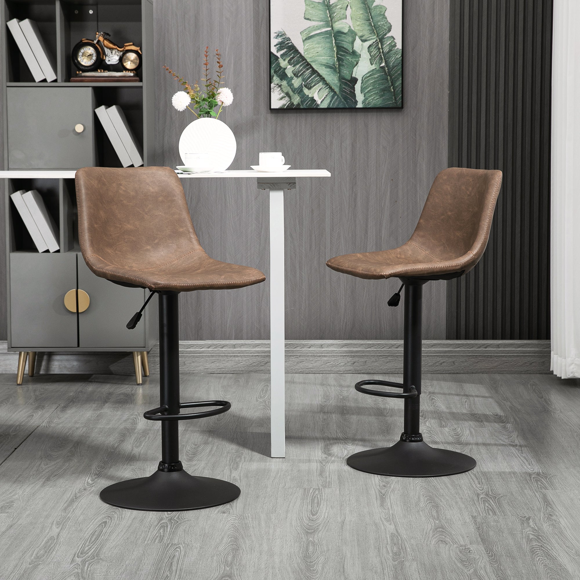Aosom Set of 2 Swivel Adjustable Bar Stools - Brown PU Leather-Home Furnishings > Kitchen & Dining Furniture > Bar Stools-DECOROLALA