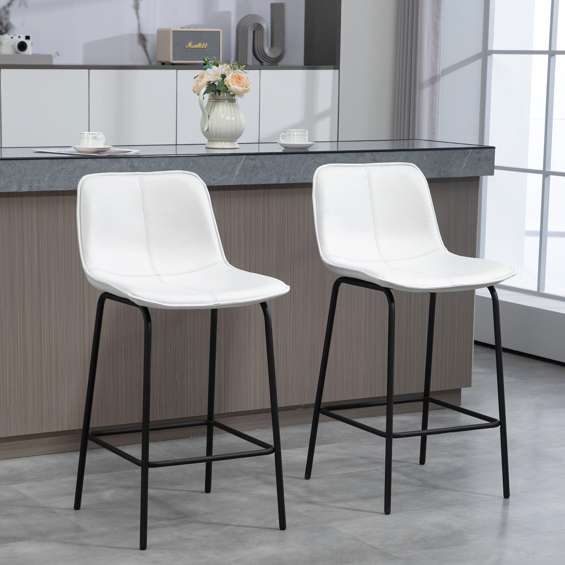 Aosom Set of 2 Upholstered Bar Stools - Cream White Microfiber-Home Furnishings > Kitchen & Dining Furniture > Bar Stools-DECOROLALA