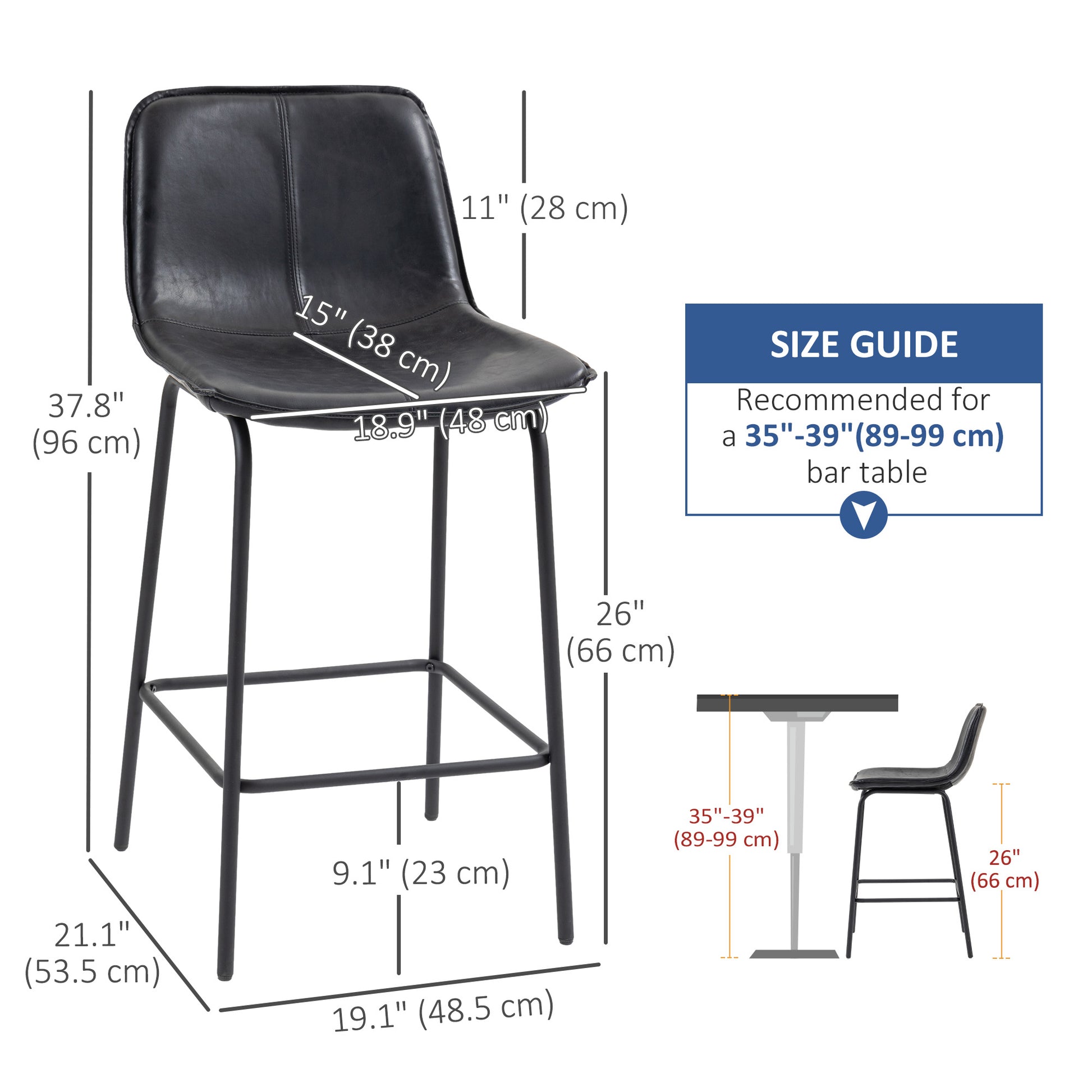 Aosom Set of 2 Upholstered Counter Height Bar Stools - Black-Home Furnishings > Kitchen & Dining Furniture > Bar Stools-DECOROLALA