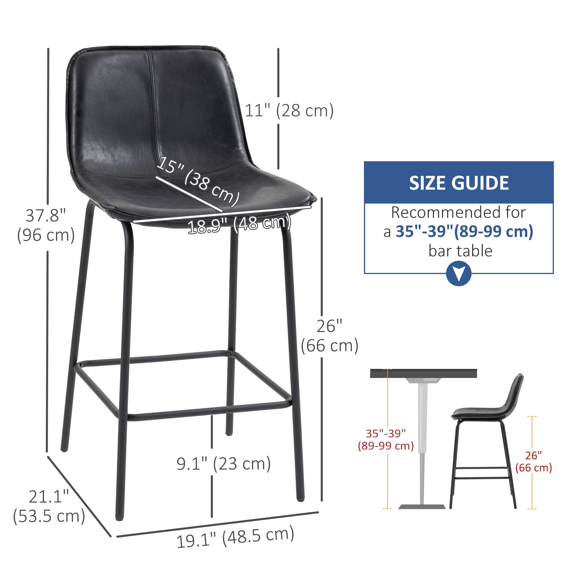 Aosom Set of 2 Upholstered Counter Height Bar Stools - Black-Home Furnishings > Kitchen & Dining Furniture > Bar Stools-DECOROLALA