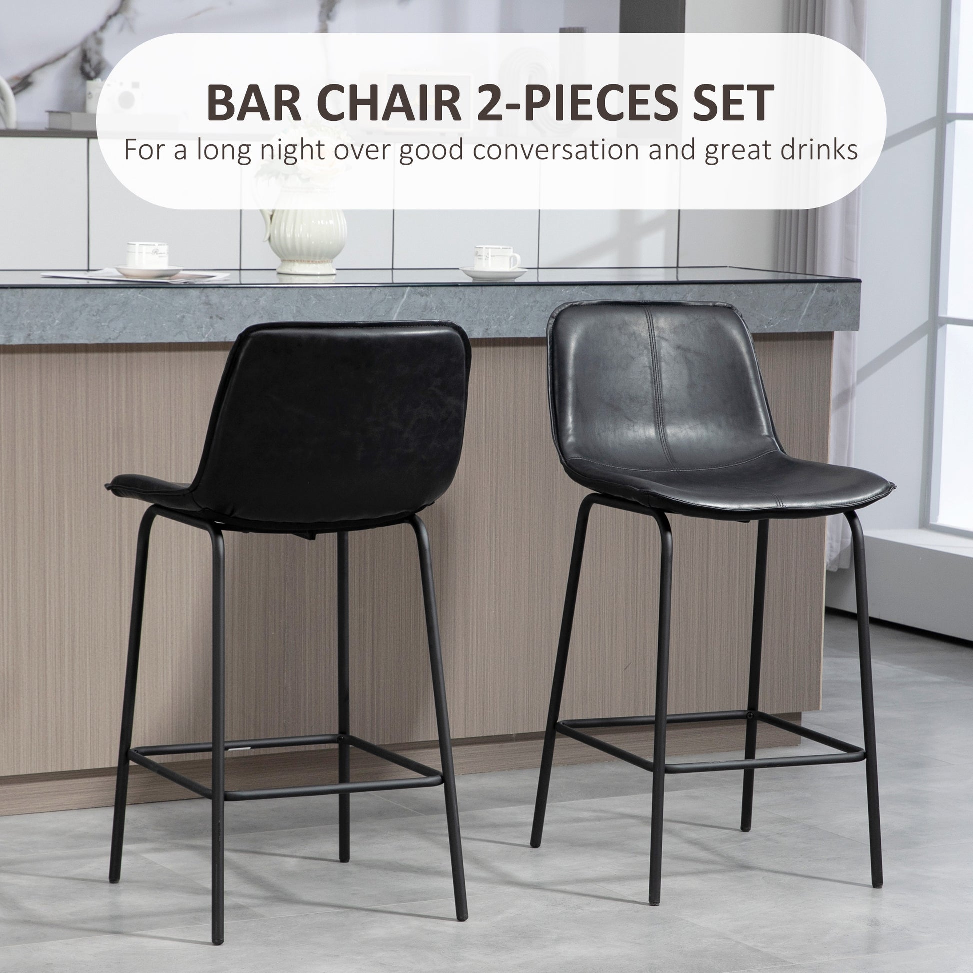 Aosom Set of 2 Upholstered Counter Height Bar Stools - Black-Home Furnishings > Kitchen & Dining Furniture > Bar Stools-DECOROLALA