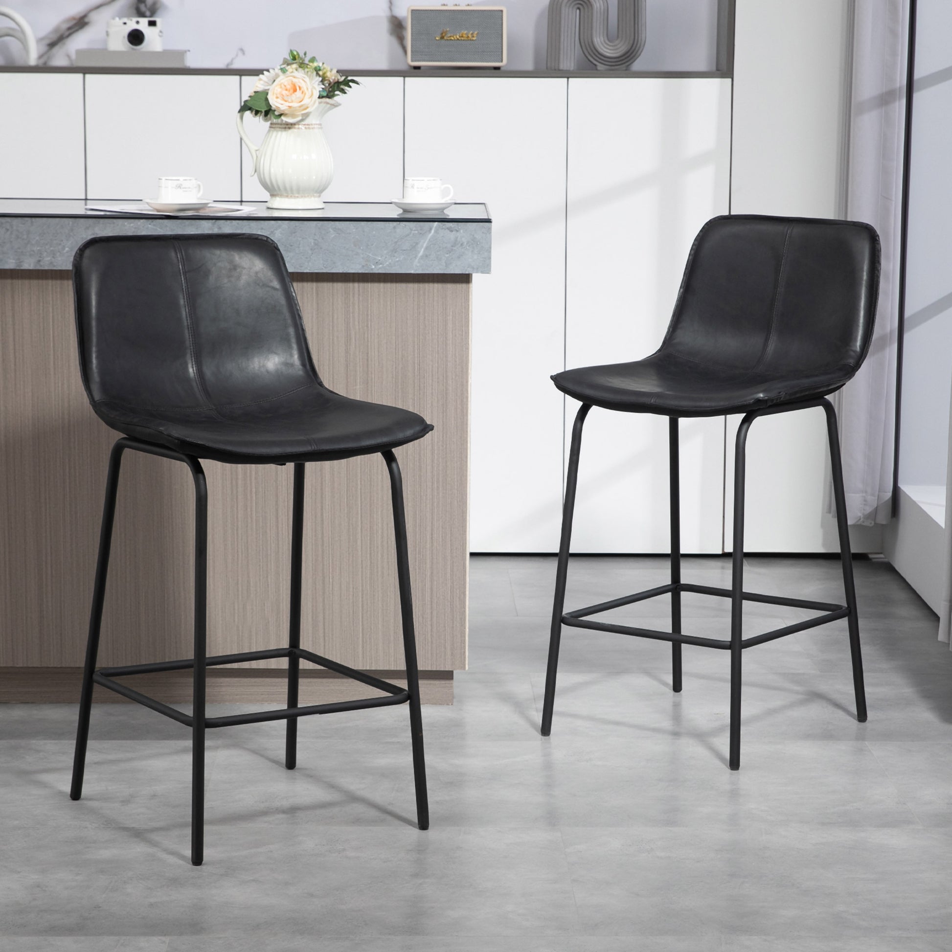 Aosom Set of 2 Upholstered Counter Height Bar Stools - Black-Home Furnishings > Kitchen & Dining Furniture > Bar Stools-DECOROLALA