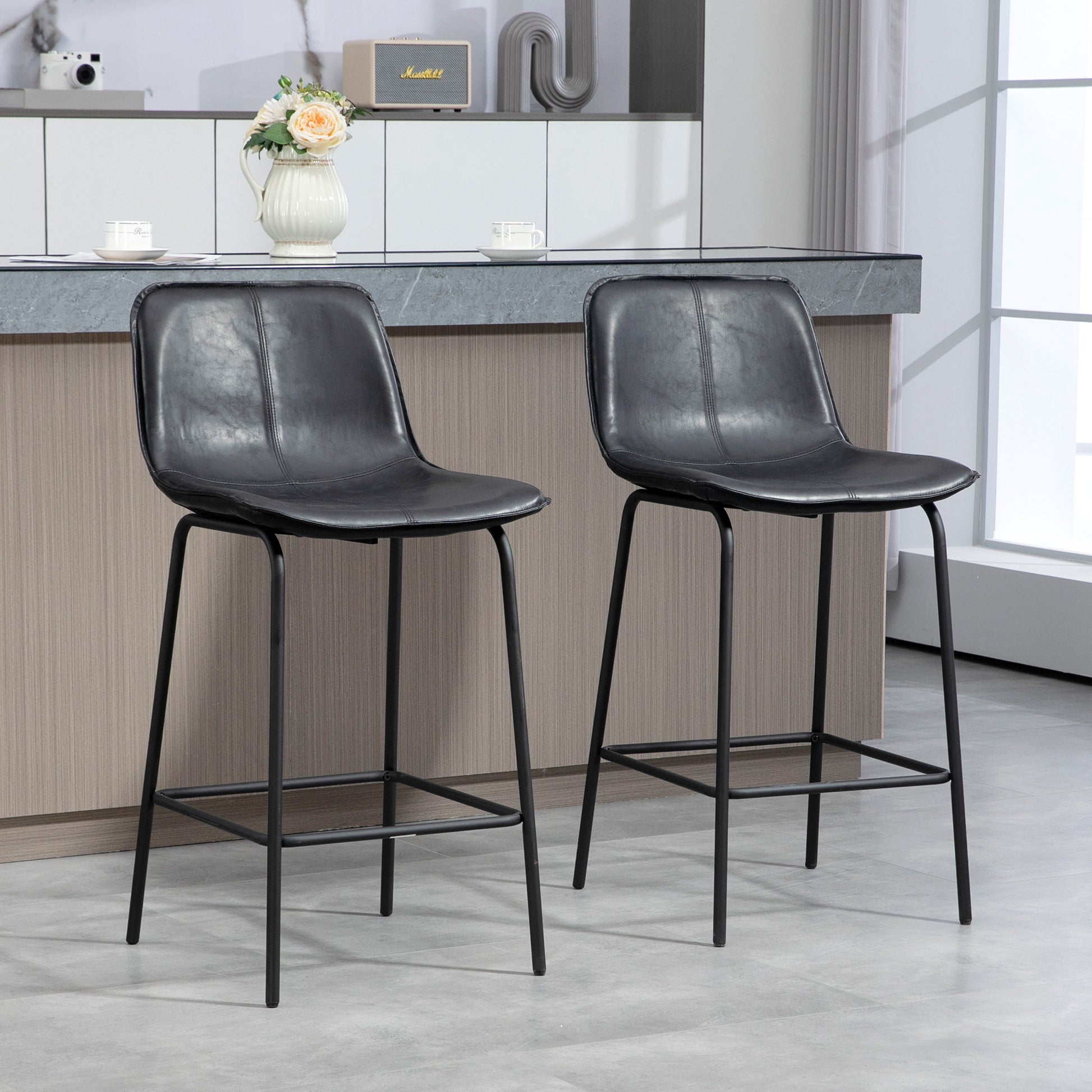 Aosom Set of 2 Upholstered Counter Height Bar Stools - Black-Home Furnishings > Kitchen & Dining Furniture > Bar Stools-DECOROLALA