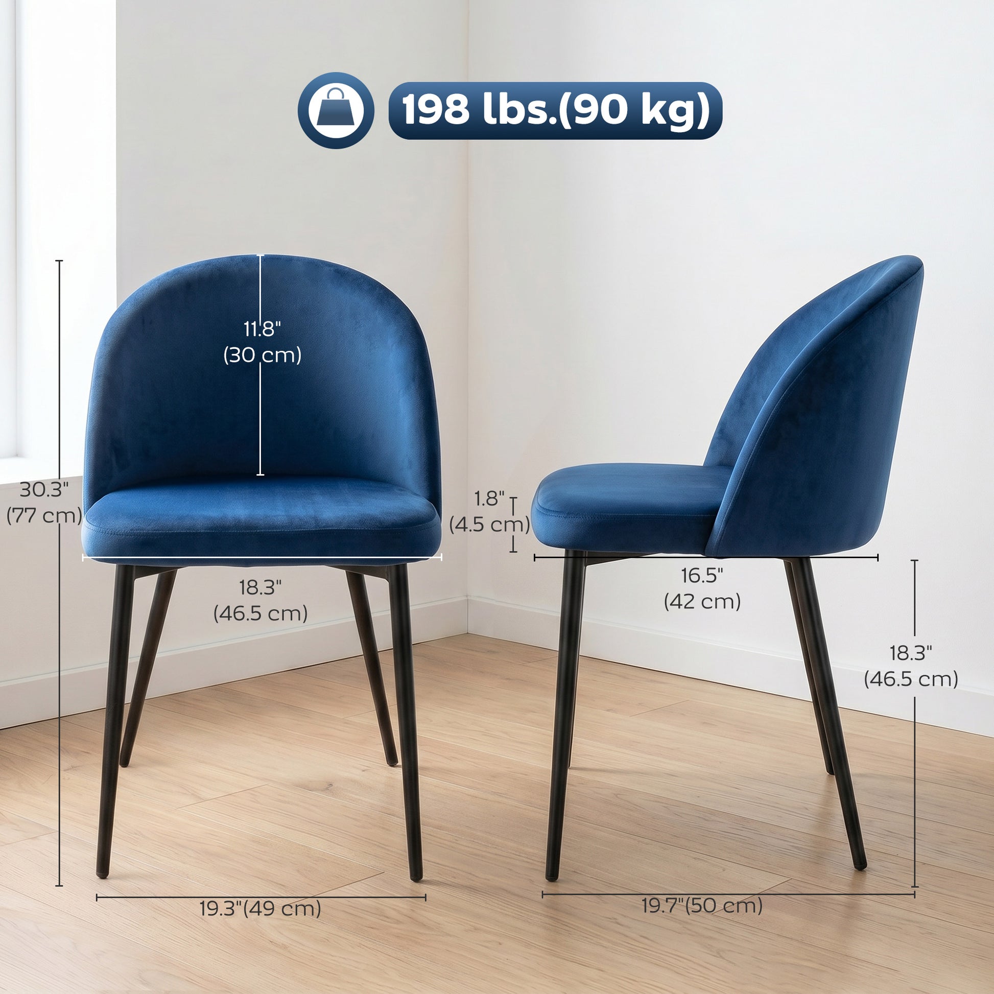 Aosom Set of 2 Velvet Dining Chairs - Dark Blue Mid-Back-Home Furnishings > Kitchen & Dining Furniture > Dining Chairs-DECOROLALA