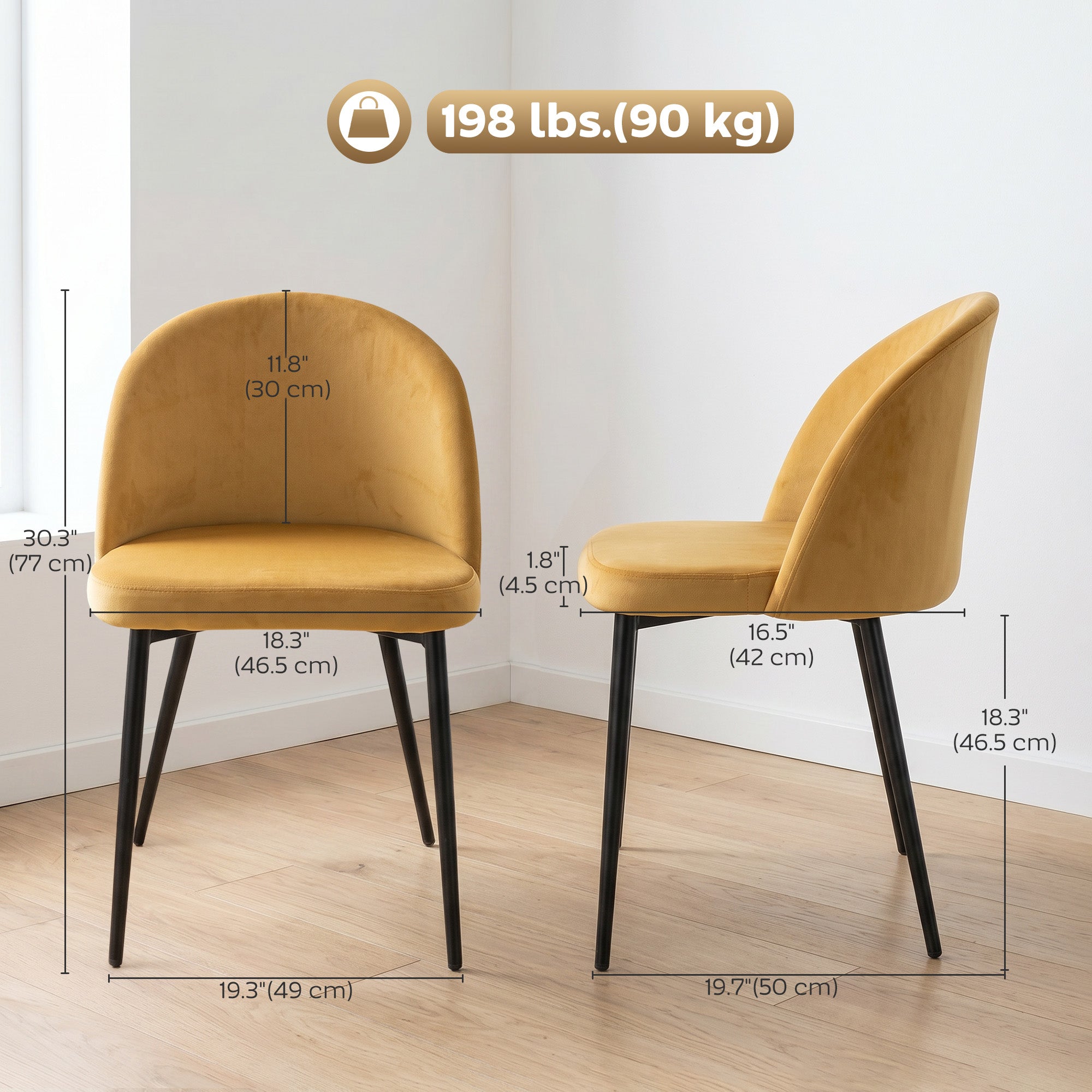 Aosom Set of 2 Velvet Dining Chairs - Yellow Mid-Back-Home Furnishings > Kitchen & Dining Furniture > Dining Chairs-DECOROLALA