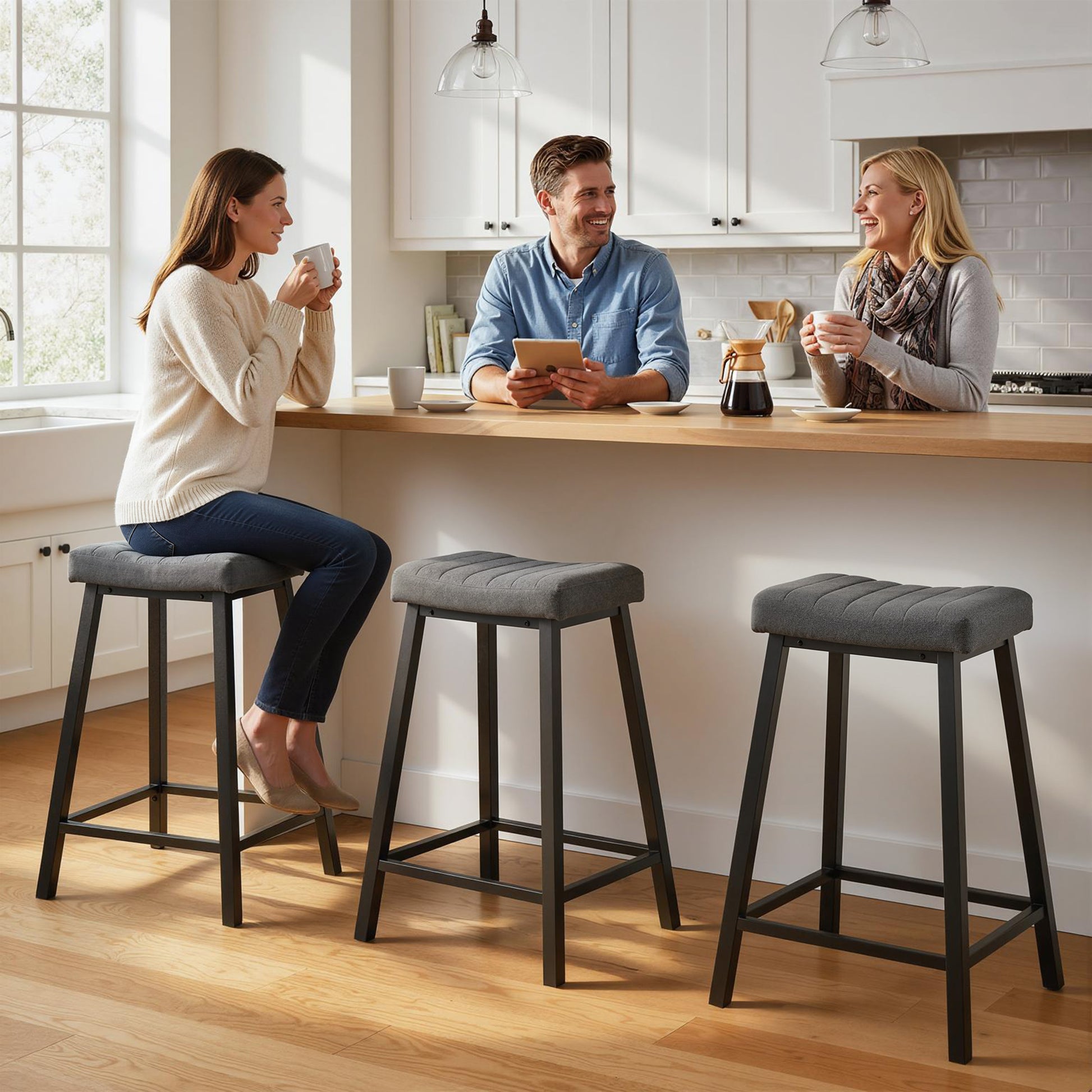 Aosom Set of 3 Velvet Bar Stools - Grey Modern Counter Stools-Home Furnishings > Kitchen & Dining Furniture > Bar Stools-DECOROLALA