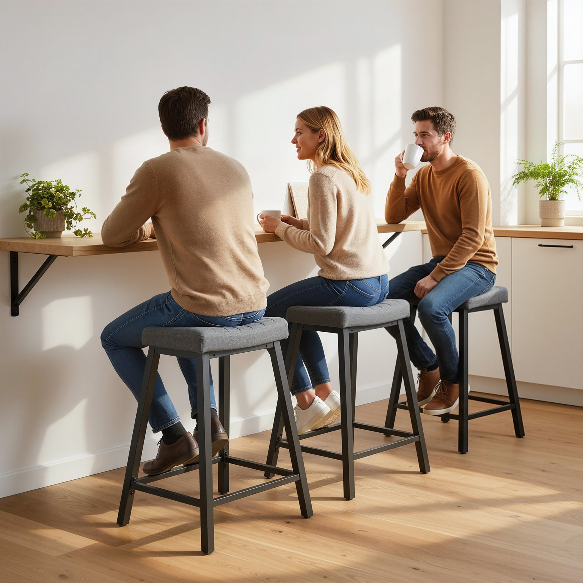 Aosom Set of 3 Velvet Bar Stools - Grey Modern Counter Stools-Home Furnishings > Kitchen & Dining Furniture > Bar Stools-DECOROLALA