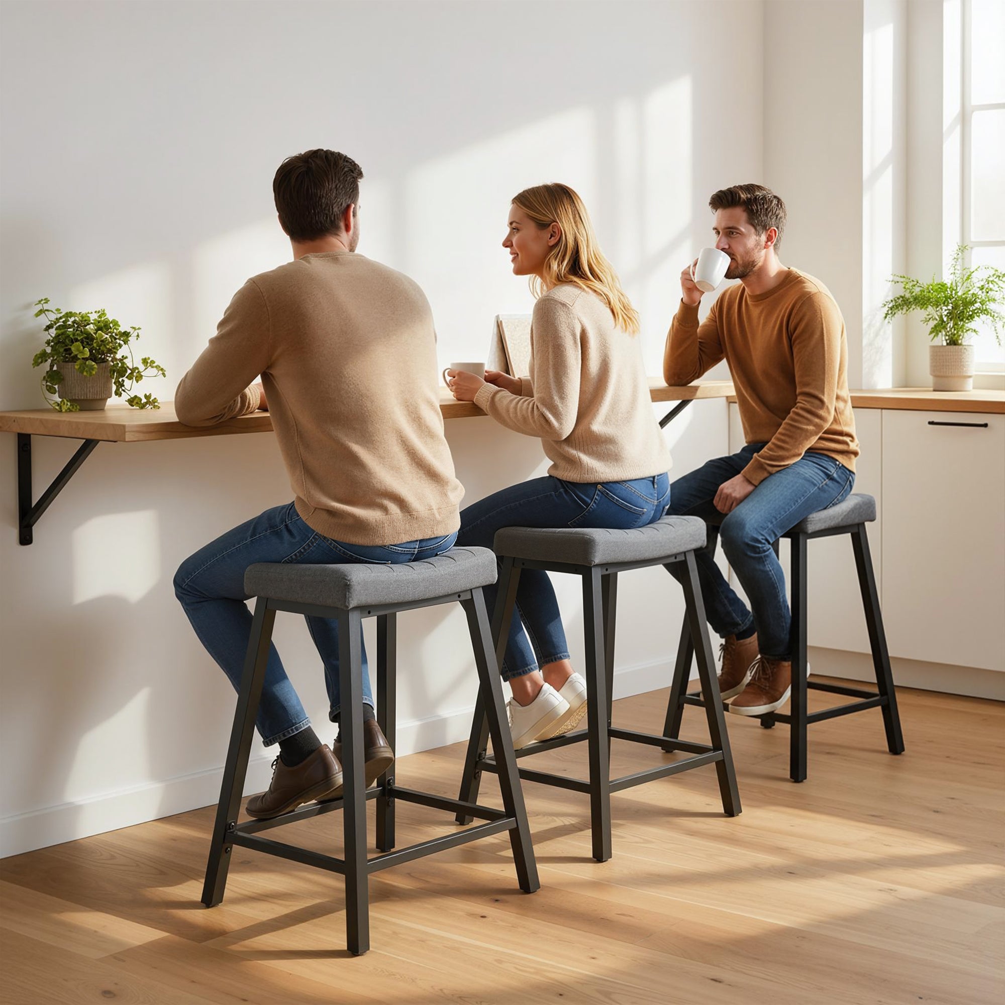 Aosom Set of 3 Velvet Bar Stools - Grey Modern Counter Stools-Home Furnishings > Kitchen & Dining Furniture > Bar Stools-DECOROLALA