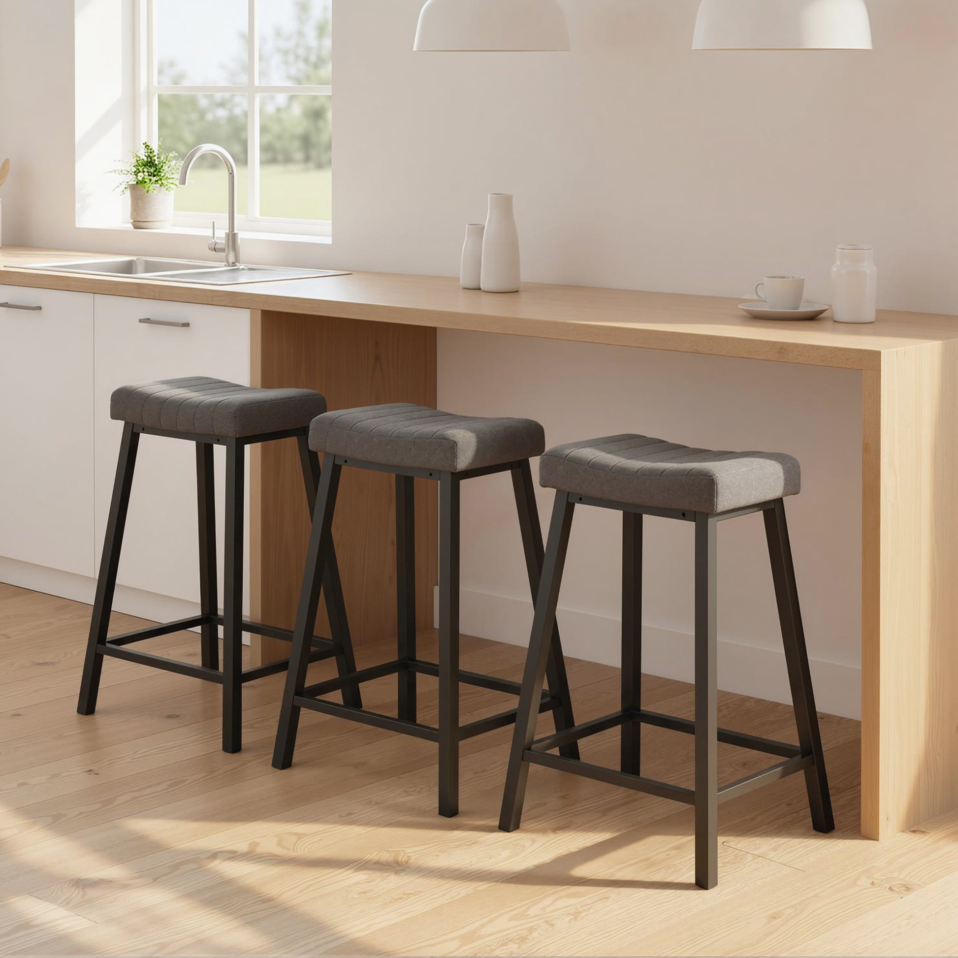 Aosom Set of 3 Velvet Bar Stools - Grey Modern Counter Stools-Home Furnishings > Kitchen & Dining Furniture > Bar Stools-DECOROLALA