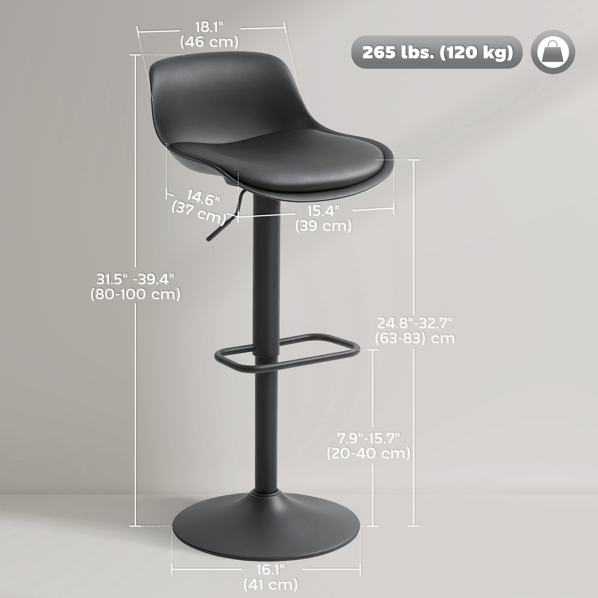 Aosom Swivel Bar Stools Set of 2 - Adjustable PU Leather Black-Home Furnishings > Kitchen & Dining Furniture > Bar Stools-DECOROLALA