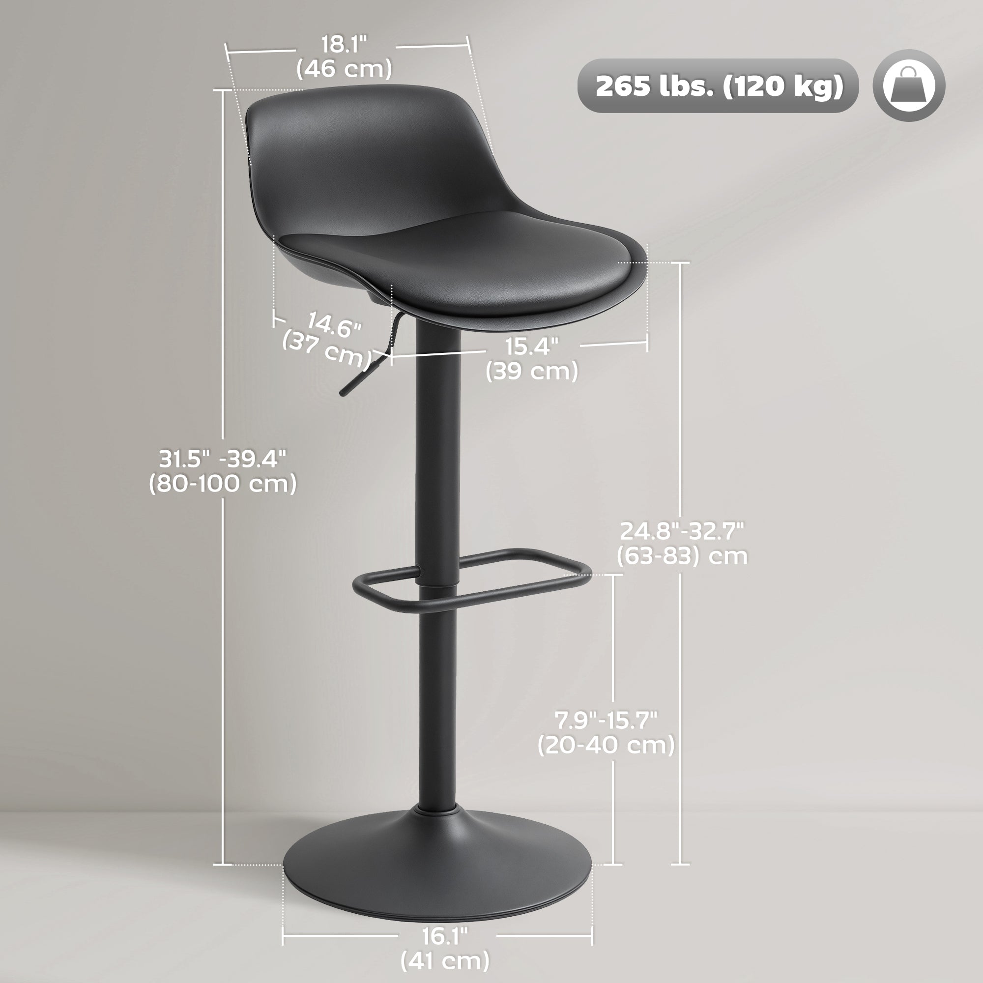 Aosom Swivel Bar Stools Set of 2 - Adjustable PU Leather Black-Home Furnishings > Kitchen & Dining Furniture > Bar Stools-DECOROLALA