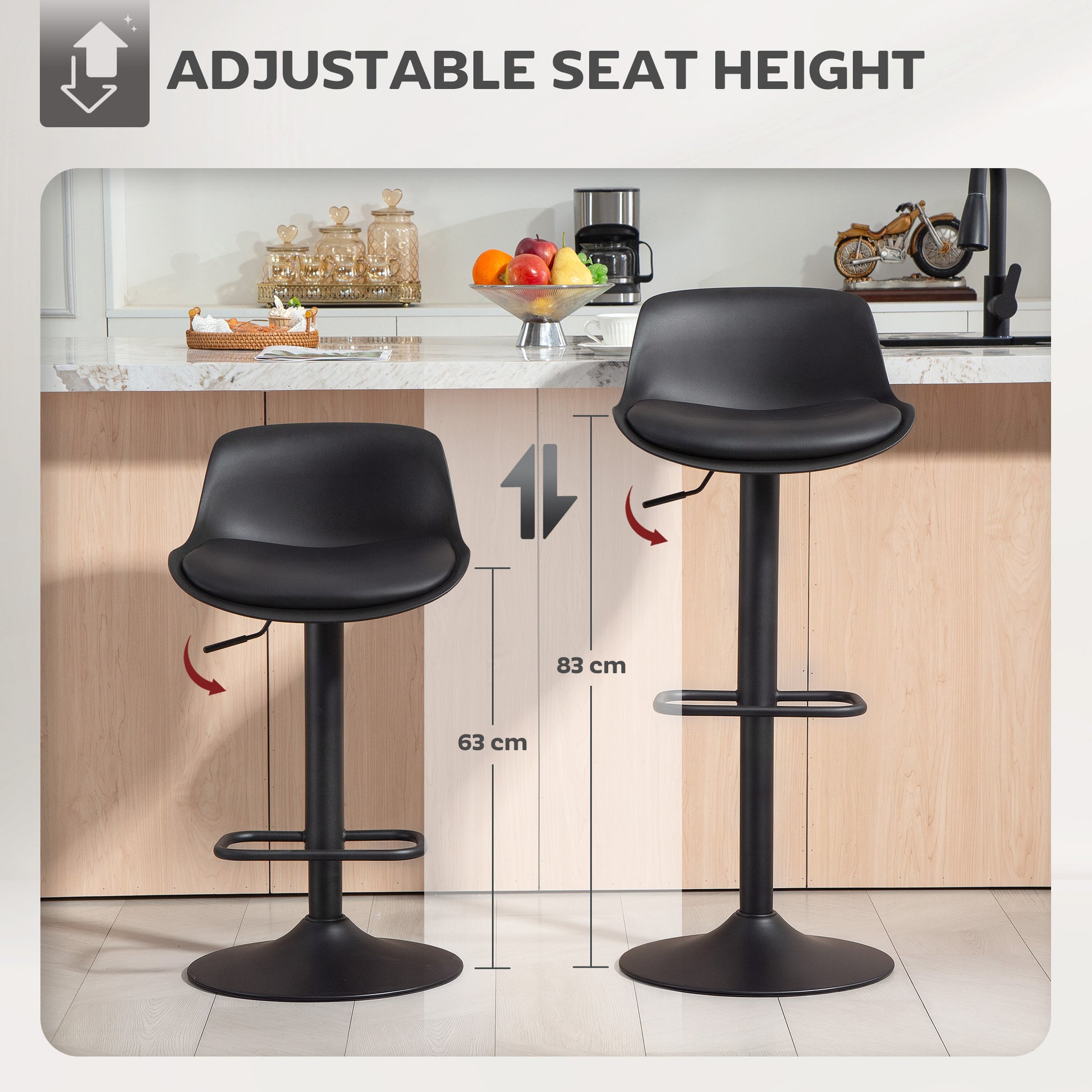 Aosom Swivel Bar Stools Set of 2 - Adjustable PU Leather Black-Home Furnishings > Kitchen & Dining Furniture > Bar Stools-DECOROLALA