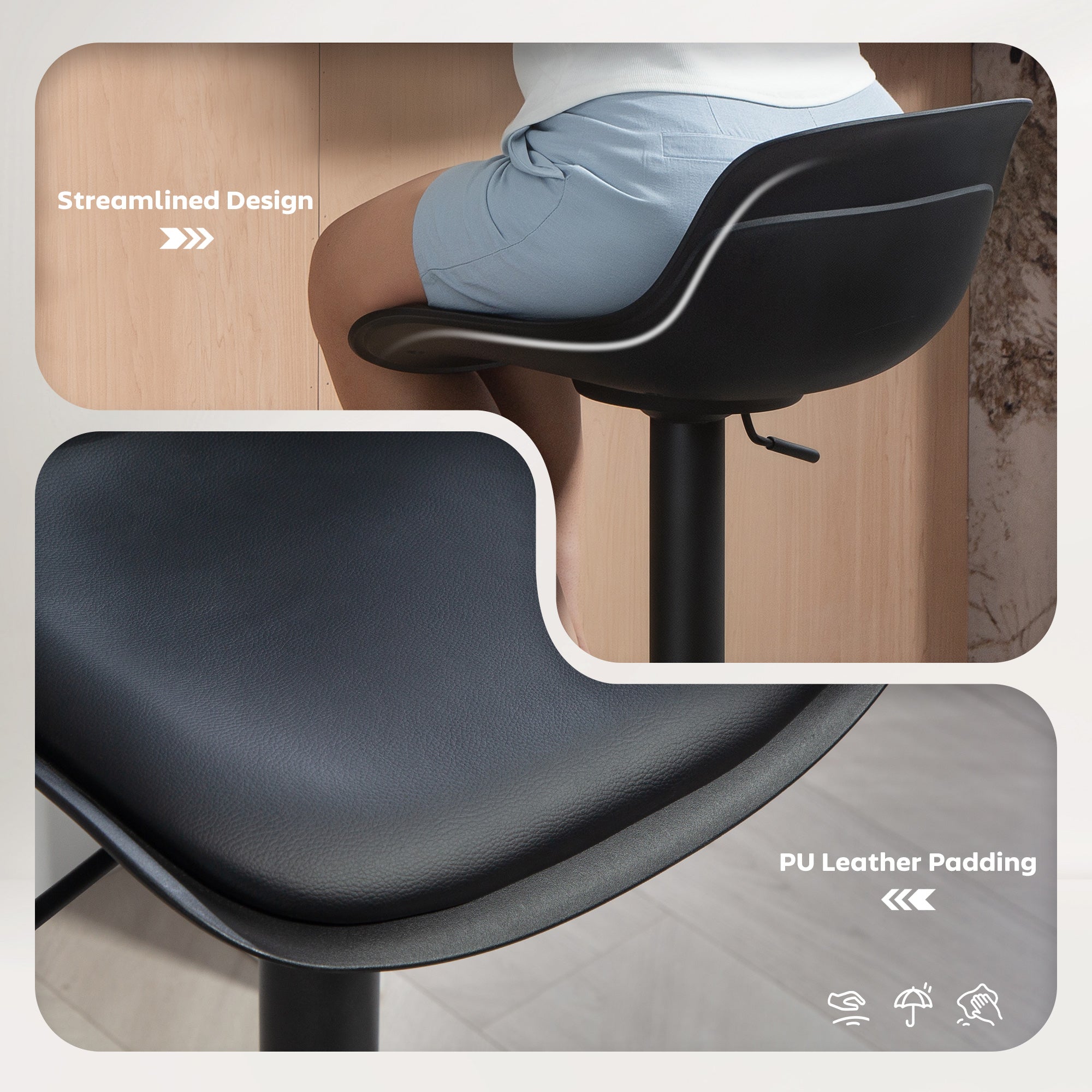 Aosom Swivel Bar Stools Set of 2 - Adjustable PU Leather Black-Home Furnishings > Kitchen & Dining Furniture > Bar Stools-DECOROLALA