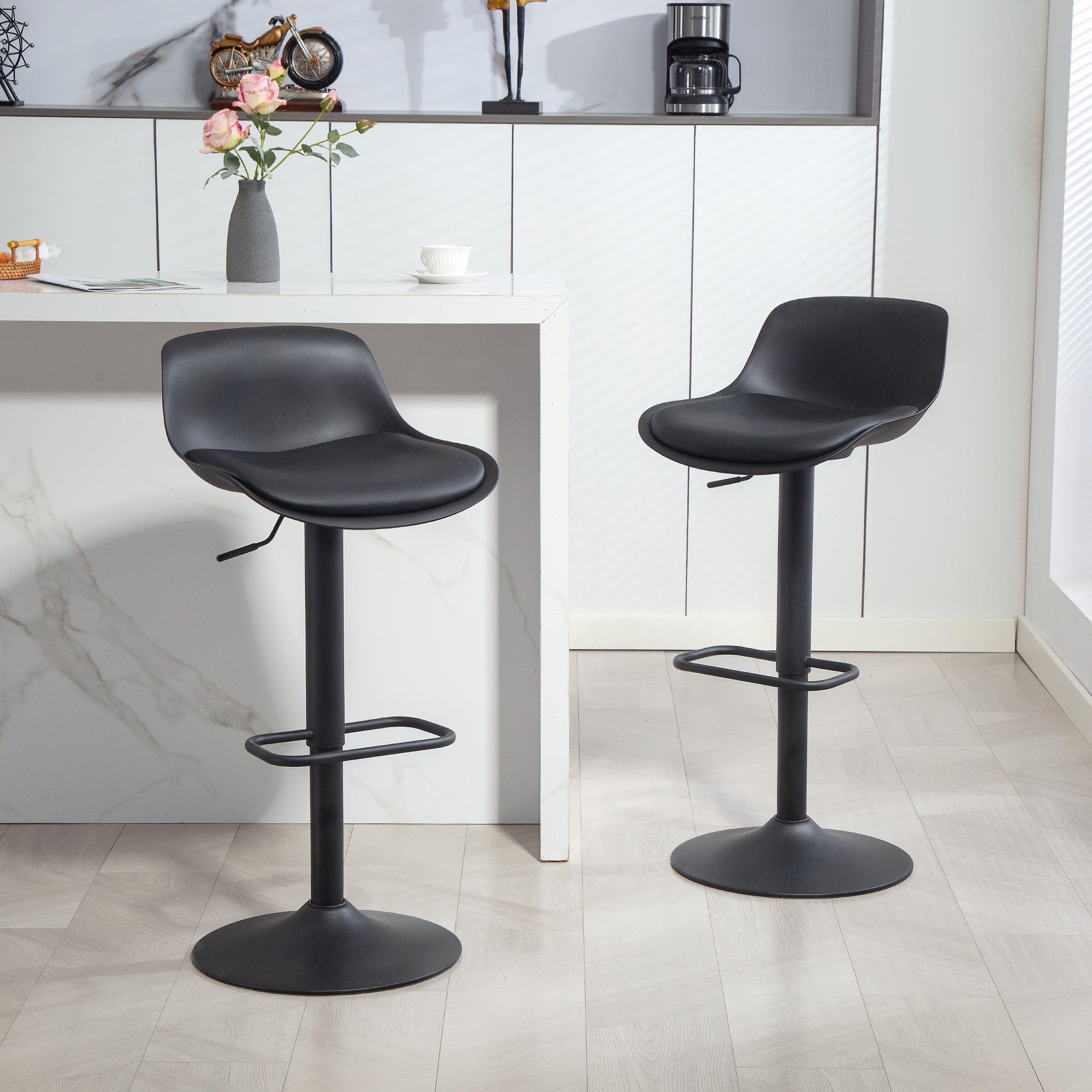 Aosom Swivel Bar Stools Set of 2 - Adjustable PU Leather Black-Home Furnishings > Kitchen & Dining Furniture > Bar Stools-DECOROLALA