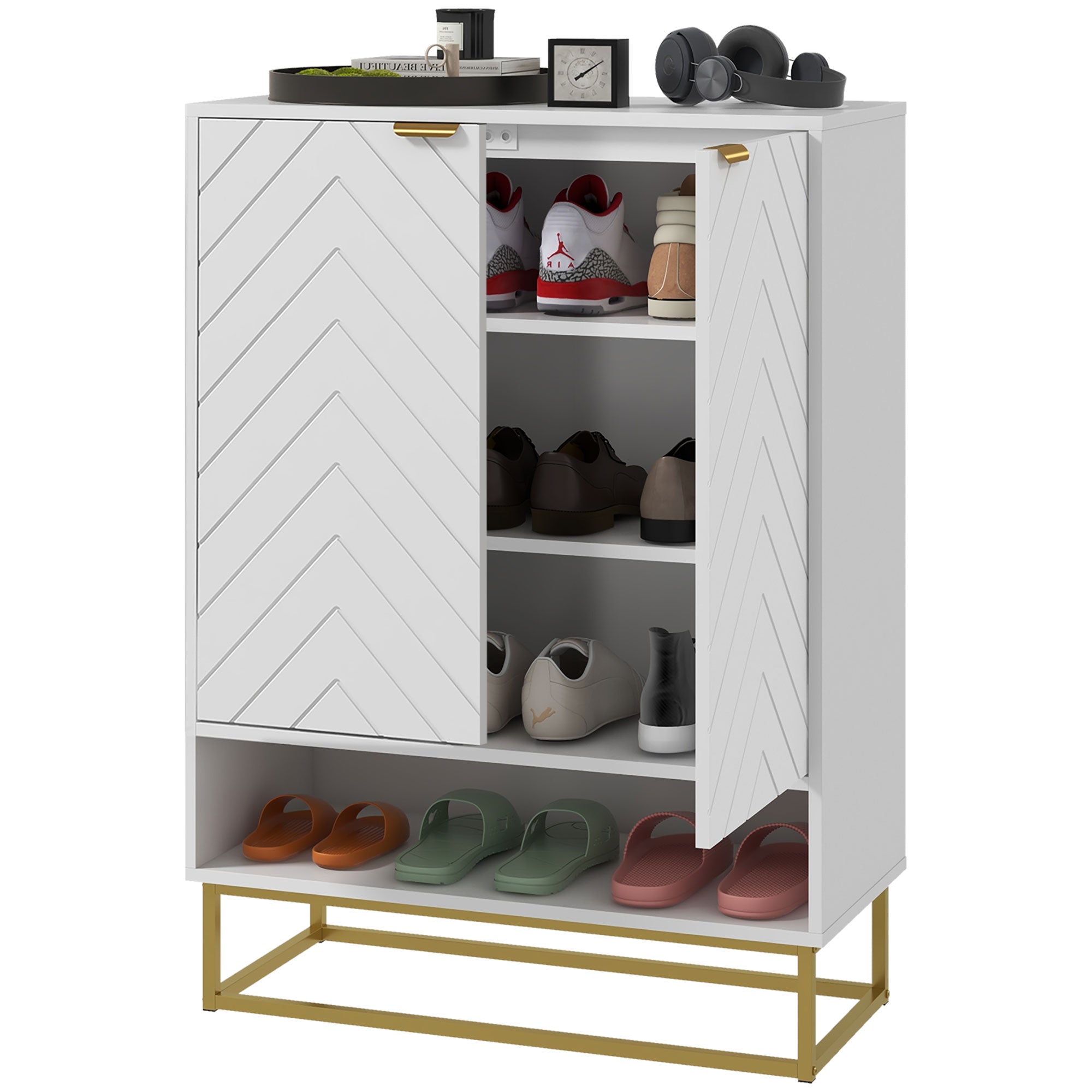 Aosom White Entryway Shoe Cabinet - 12 Pair Storage with Gold Base-DECOROLALA