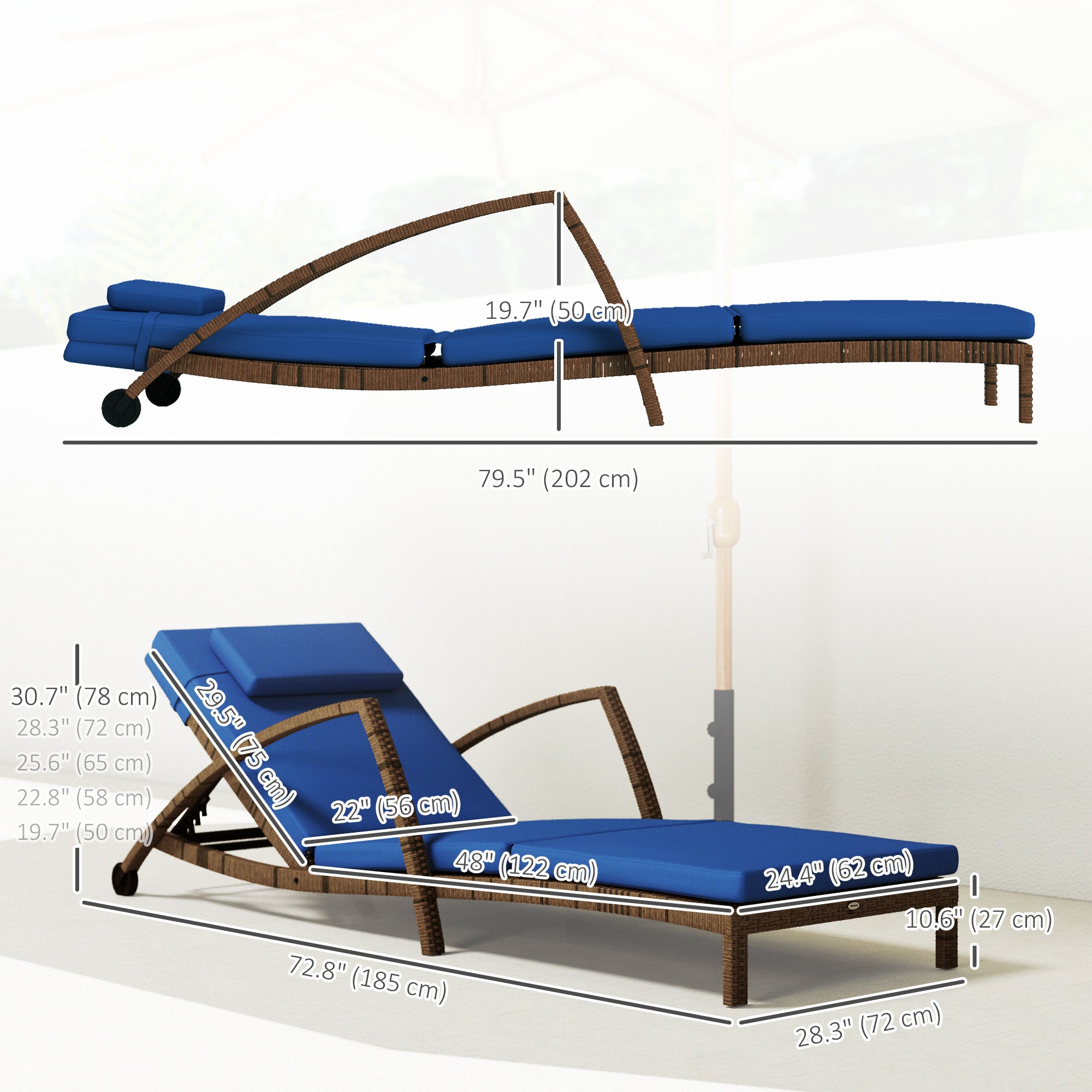 Aosom Wicker Chaise Lounger Set, Blue, 5 Adjustable Backs, 2 Loungers, Wheels-DECOROLALA