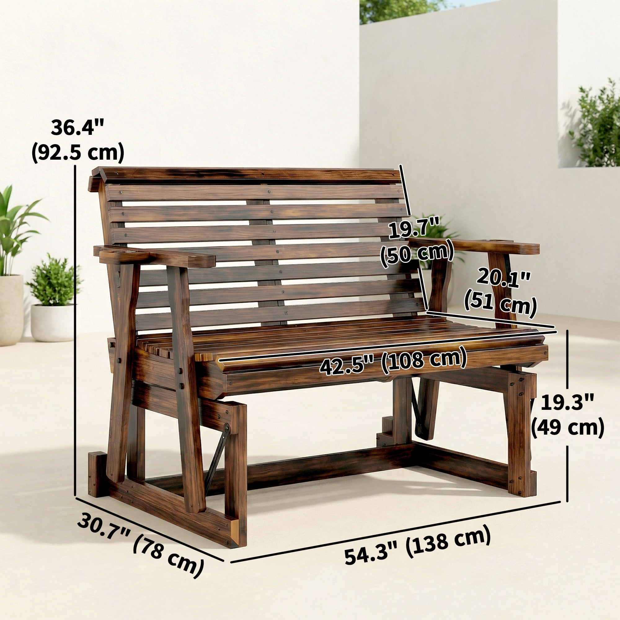Aosom Wooden Outdoor Glider Bench with 2 Cupholders - Carbonized-DECOROLALA
