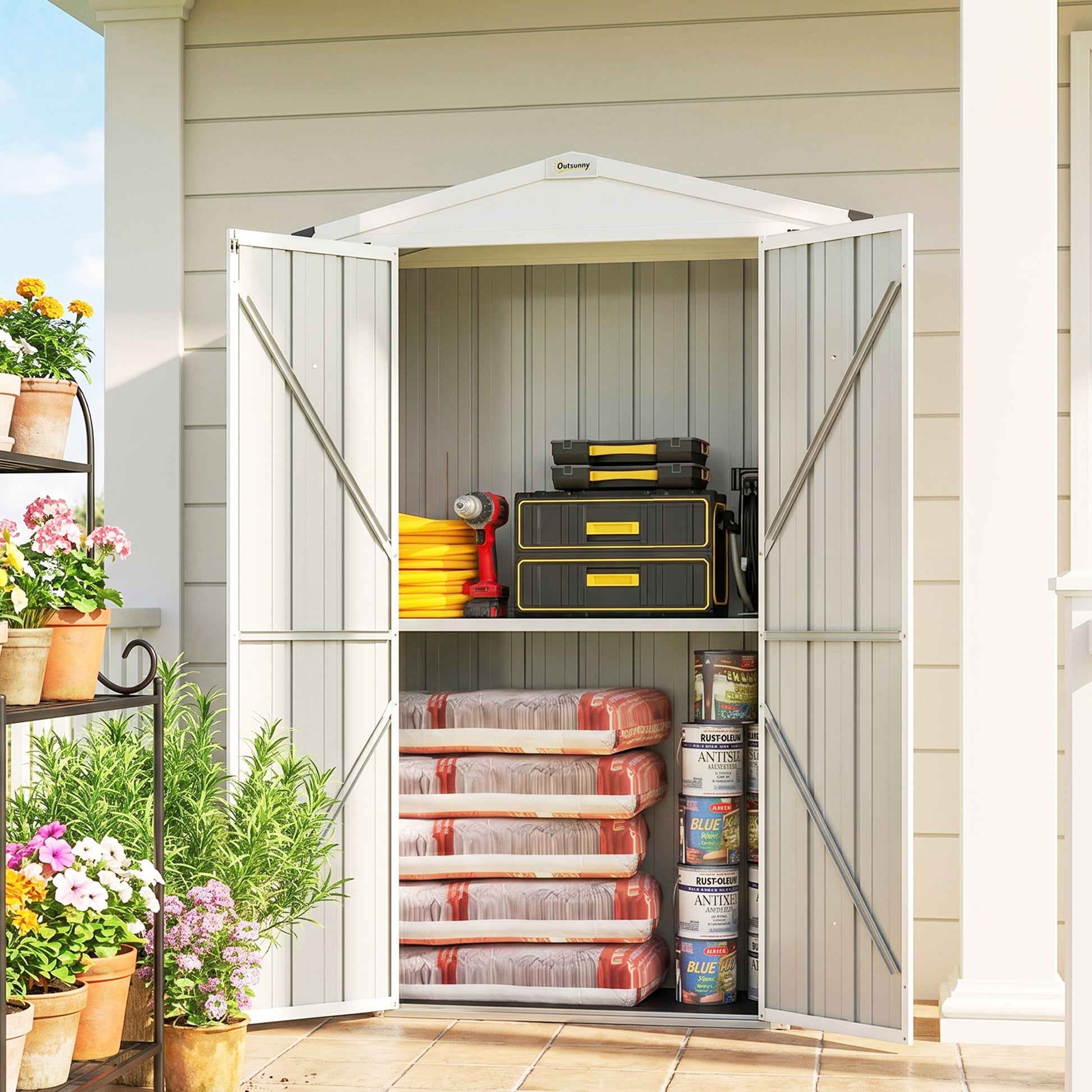 Apex Roof Metal Outdoor Storage Shed with Shelf - Light Grey-Patio & Garden > Lawn & Garden > Sheds-DECOROLALA