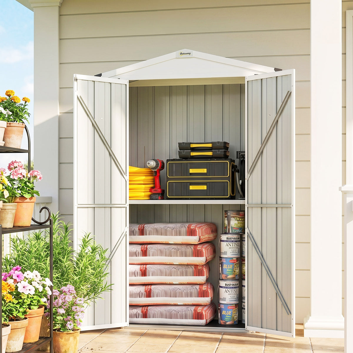 Apex Roof Metal Outdoor Storage Shed with Shelf - Light Grey-Patio & Garden > Lawn & Garden > Sheds-DECOROLALA