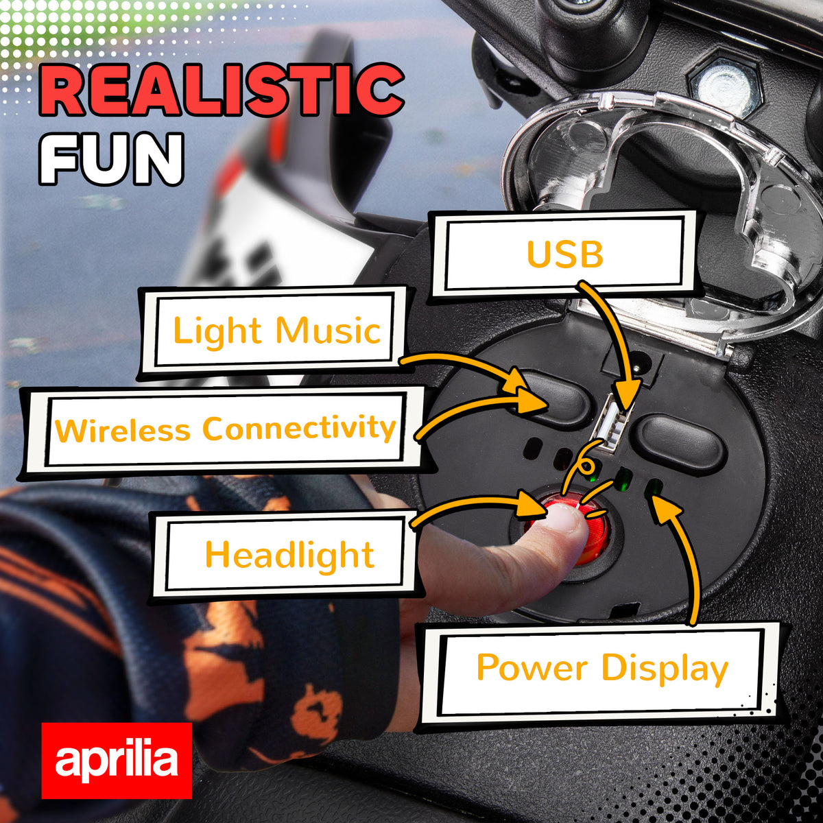 12V Aprilia Licenced Kids Electric Motorcycle, Battery-Powered Dirt Bike with Training Wheels for Aged 3-8-Toys & Games > Baby & Toddler Toys > Electric Ride-On Toys-DECOROLALA