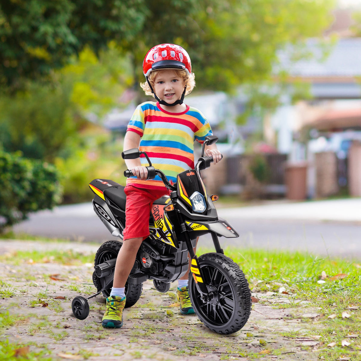 12V Aprilia Licenced Kids Electric Motorcycle, Battery-Powered Dirt Bike with Training Wheels for Aged 3-8-Toys & Games > Baby & Toddler Toys > Electric Ride-On Toys-DECOROLALA