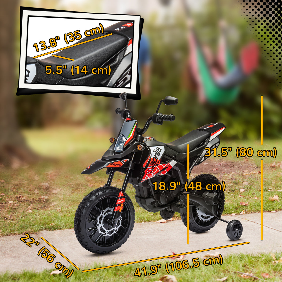 12V Aprilia Licenced Kids Electric Motorcycle, Battery-Powered Dirt Bike with Training Wheels for Aged 3-8-Toys & Games > Baby & Toddler Toys > Electric Ride-On Toys-DECOROLALA