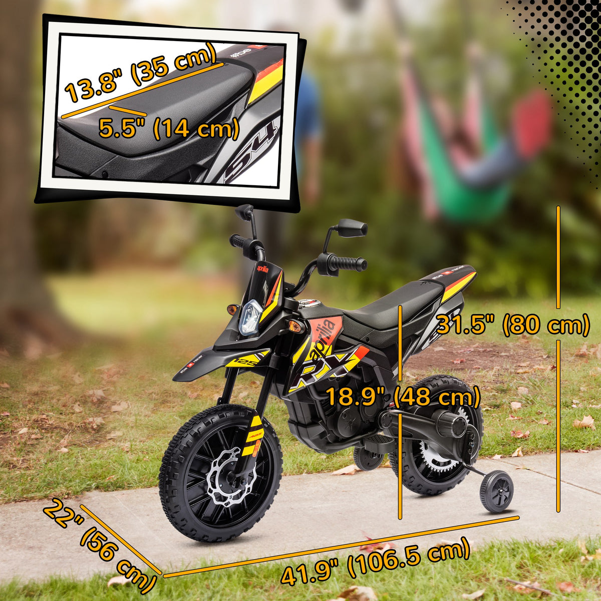 12V Aprilia Licenced Kids Electric Motorcycle, Battery-Powered Dirt Bike with Training Wheels for Aged 3-8-Toys & Games > Baby & Toddler Toys > Electric Ride-On Toys-DECOROLALA
