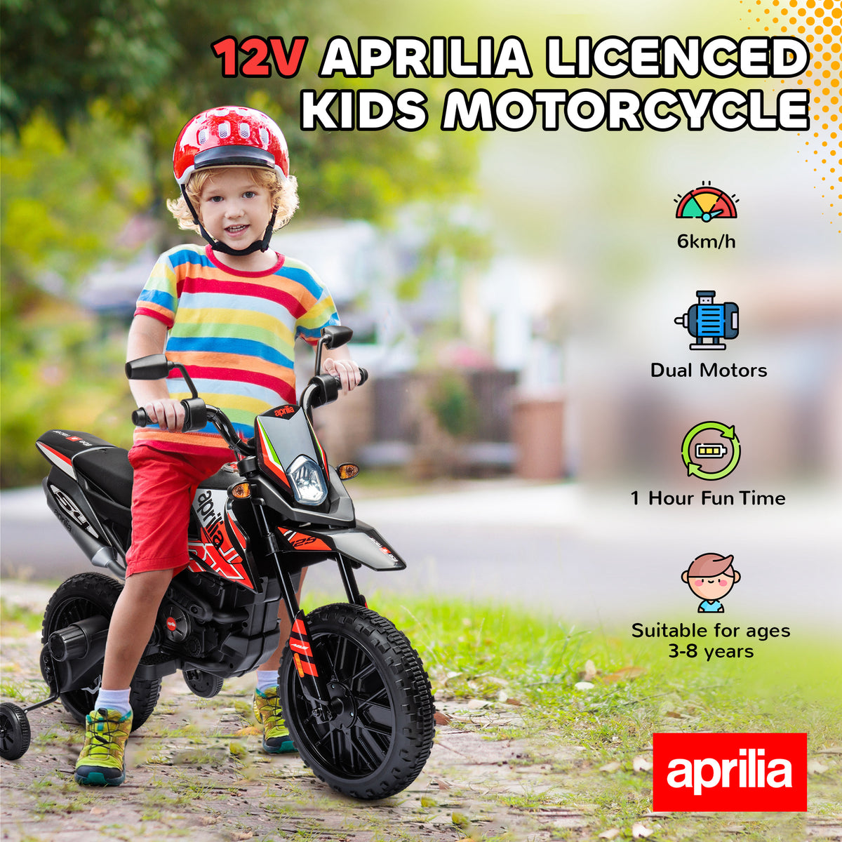 12V Aprilia Licenced Kids Electric Motorcycle, Battery-Powered Dirt Bike with Training Wheels for Aged 3-8-Toys & Games > Baby & Toddler Toys > Electric Ride-On Toys-DECOROLALA