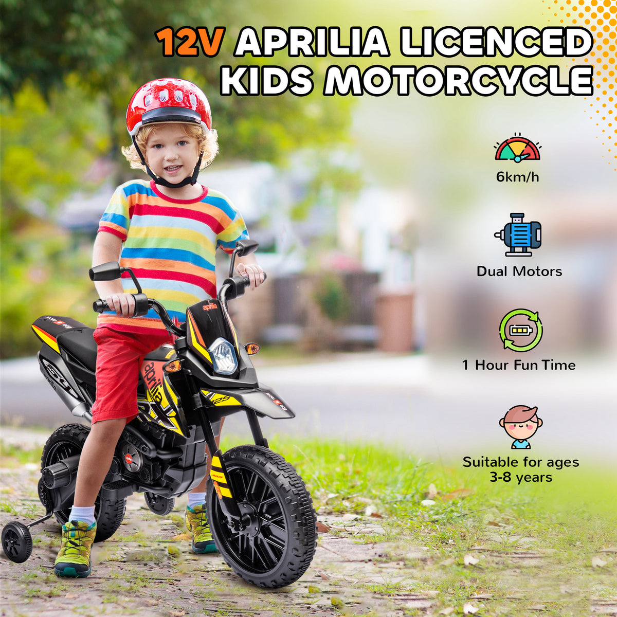 12V Aprilia Licenced Kids Electric Motorcycle, Battery-Powered Dirt Bike with Training Wheels for Aged 3-8-Toys & Games > Baby & Toddler Toys > Electric Ride-On Toys-DECOROLALA