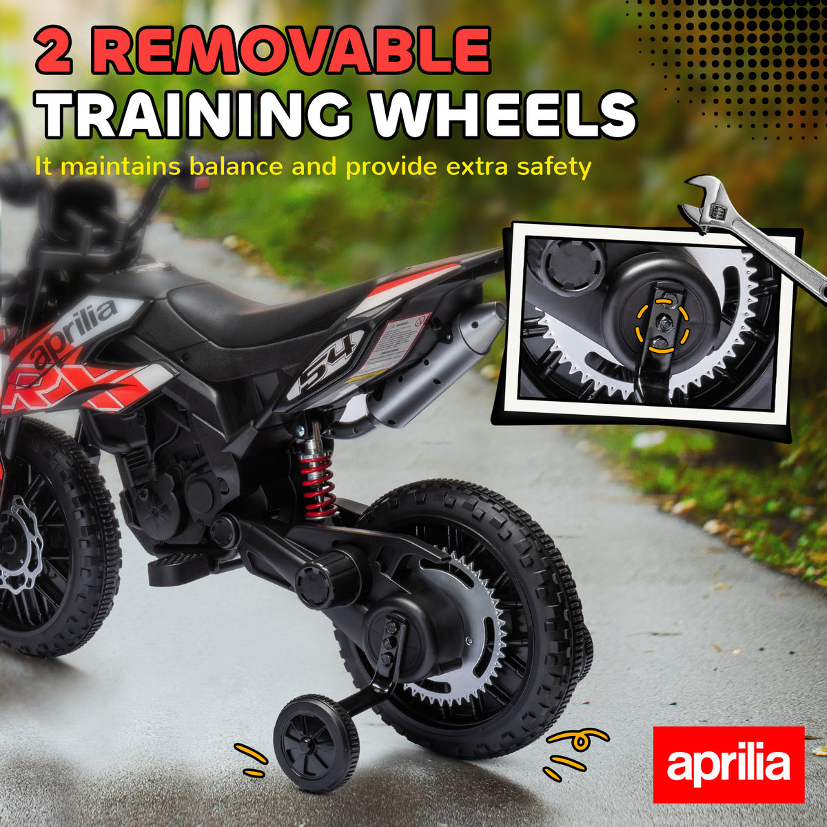 12V Aprilia Licenced Kids Electric Motorcycle, Battery-Powered Dirt Bike with Training Wheels for Aged 3-8-Toys & Games > Baby & Toddler Toys > Electric Ride-On Toys-DECOROLALA