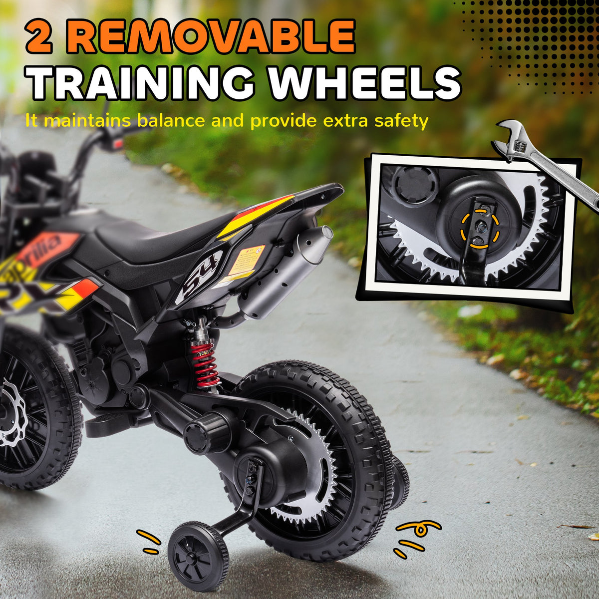 12V Aprilia Licenced Kids Electric Motorcycle, Battery-Powered Dirt Bike with Training Wheels for Aged 3-8-Toys & Games > Baby & Toddler Toys > Electric Ride-On Toys-DECOROLALA