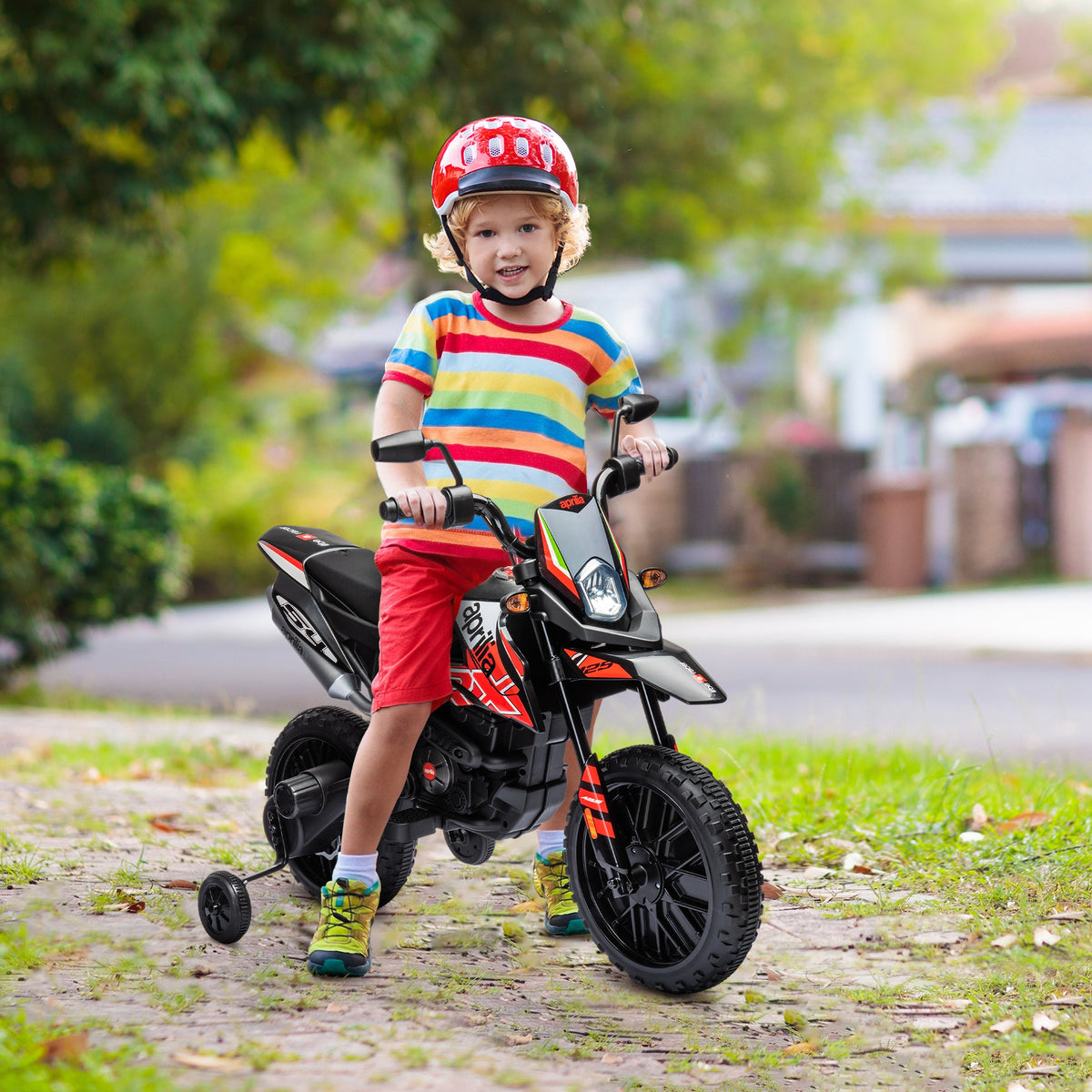 12V Aprilia Licenced Kids Electric Motorcycle, Battery-Powered Dirt Bike with Training Wheels for Aged 3-8-Toys & Games > Baby & Toddler Toys > Electric Ride-On Toys-DECOROLALA