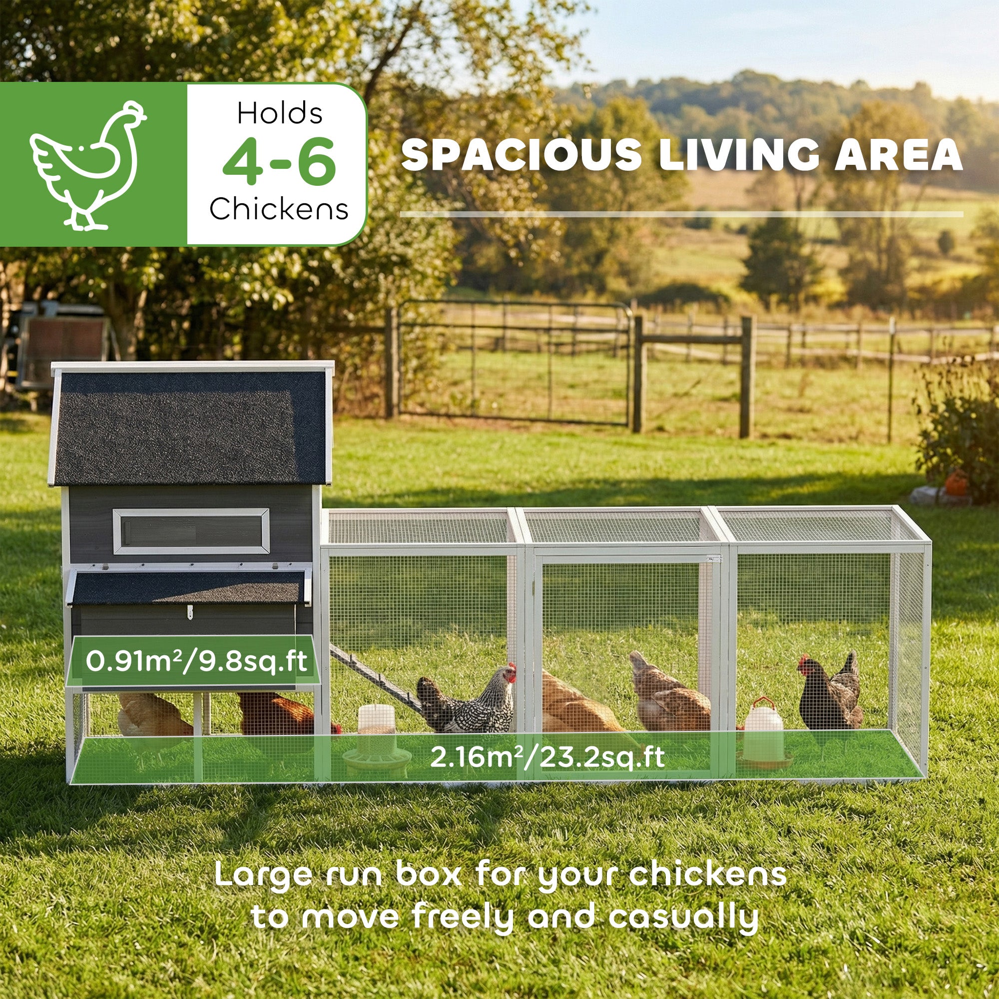 137" Wooden Chicken Coop with Chicken Run, Nesting Box, Dark Grey