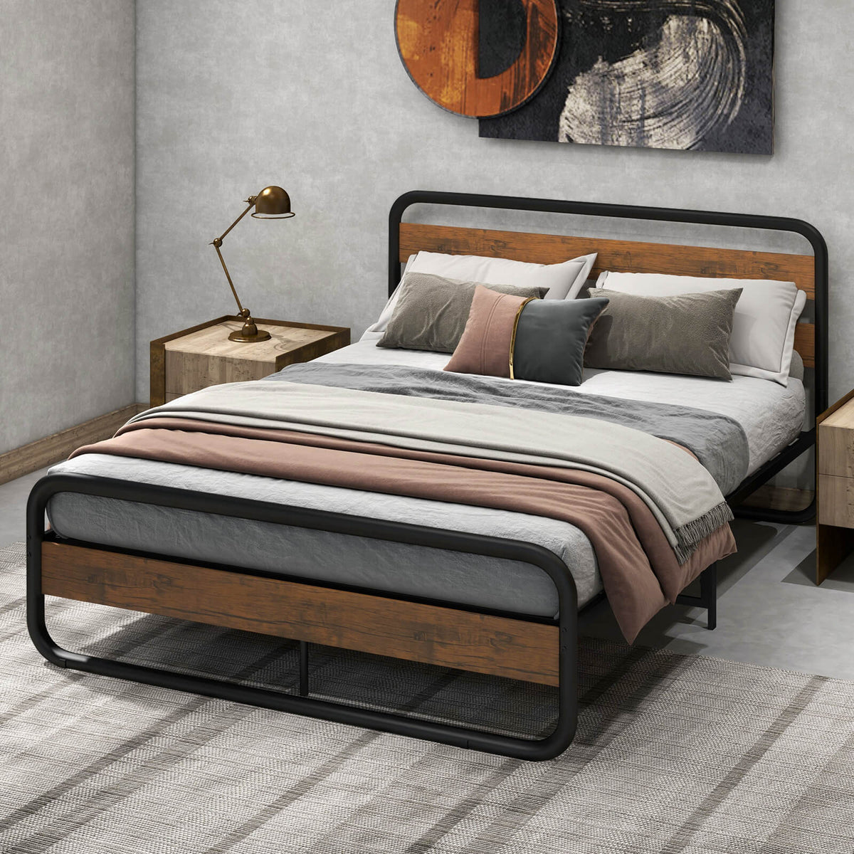 Arc Platform Bed with Headboard and Footboard-Queen Size-Simple Bed Frame-DECOROLALA