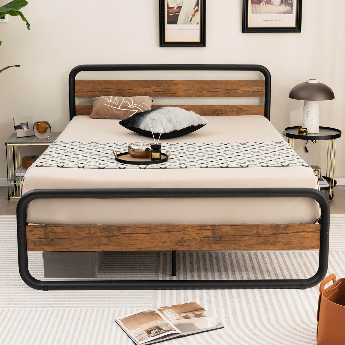 Arc Platform Bed with Headboard and Footboard-Queen Size-Simple Bed Frame-DECOROLALA