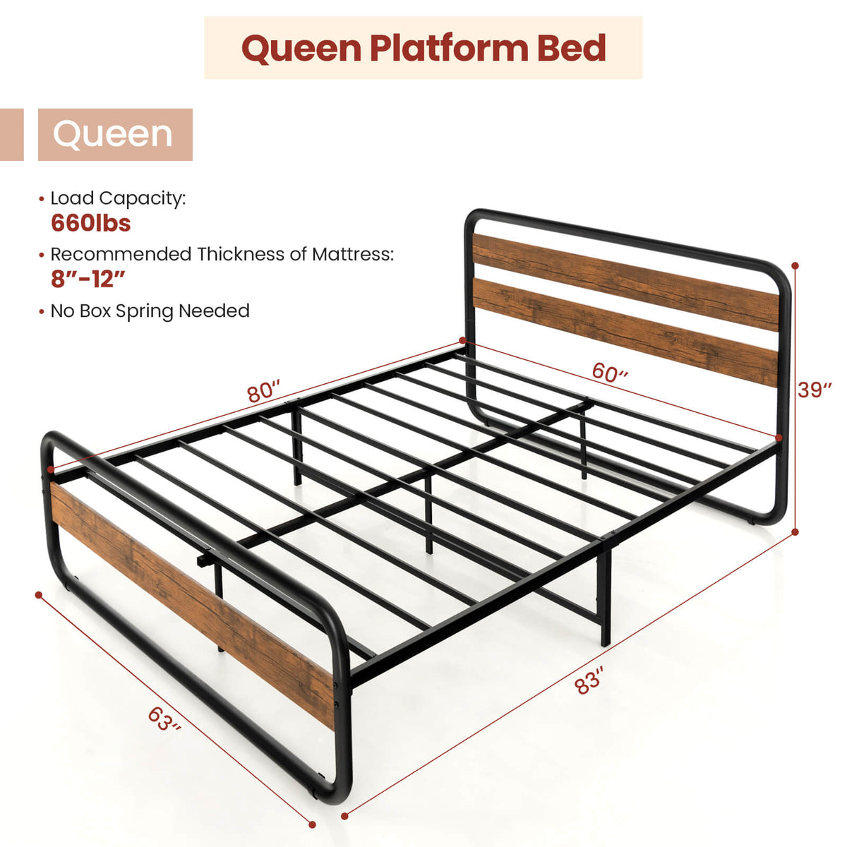 Arc Platform Bed with Headboard and Footboard-Queen Size-Simple Bed Frame-DECOROLALA