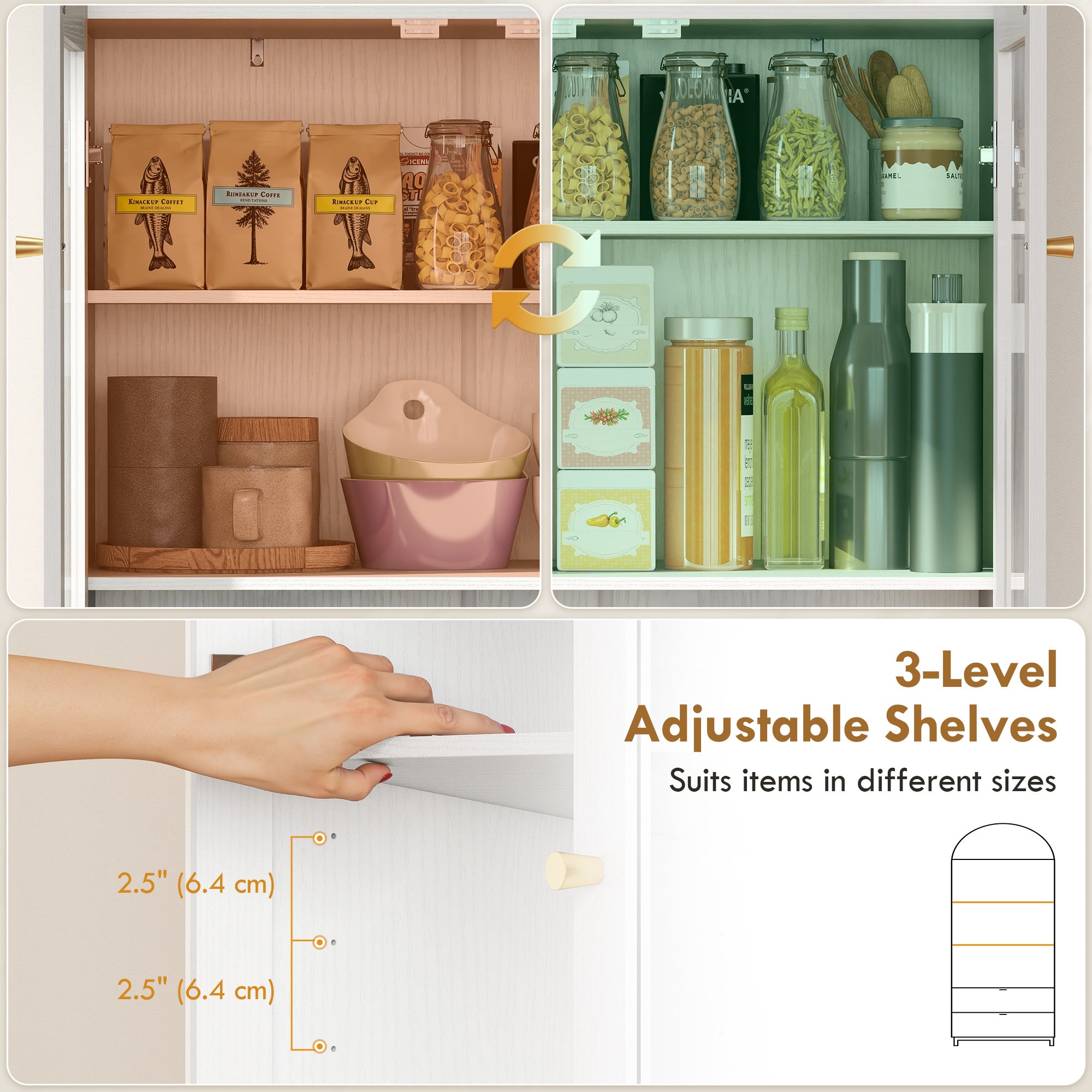 Arched Kitchen Pantry Cabinet, 71" Tall Farmhouse Kitchen Storage Cabinet with 2 Drawers, Acrylic Glass Doors, White-Home Furnishings > Storage & Organization > Kitchen Pantry Cabinets-DECOROLALA