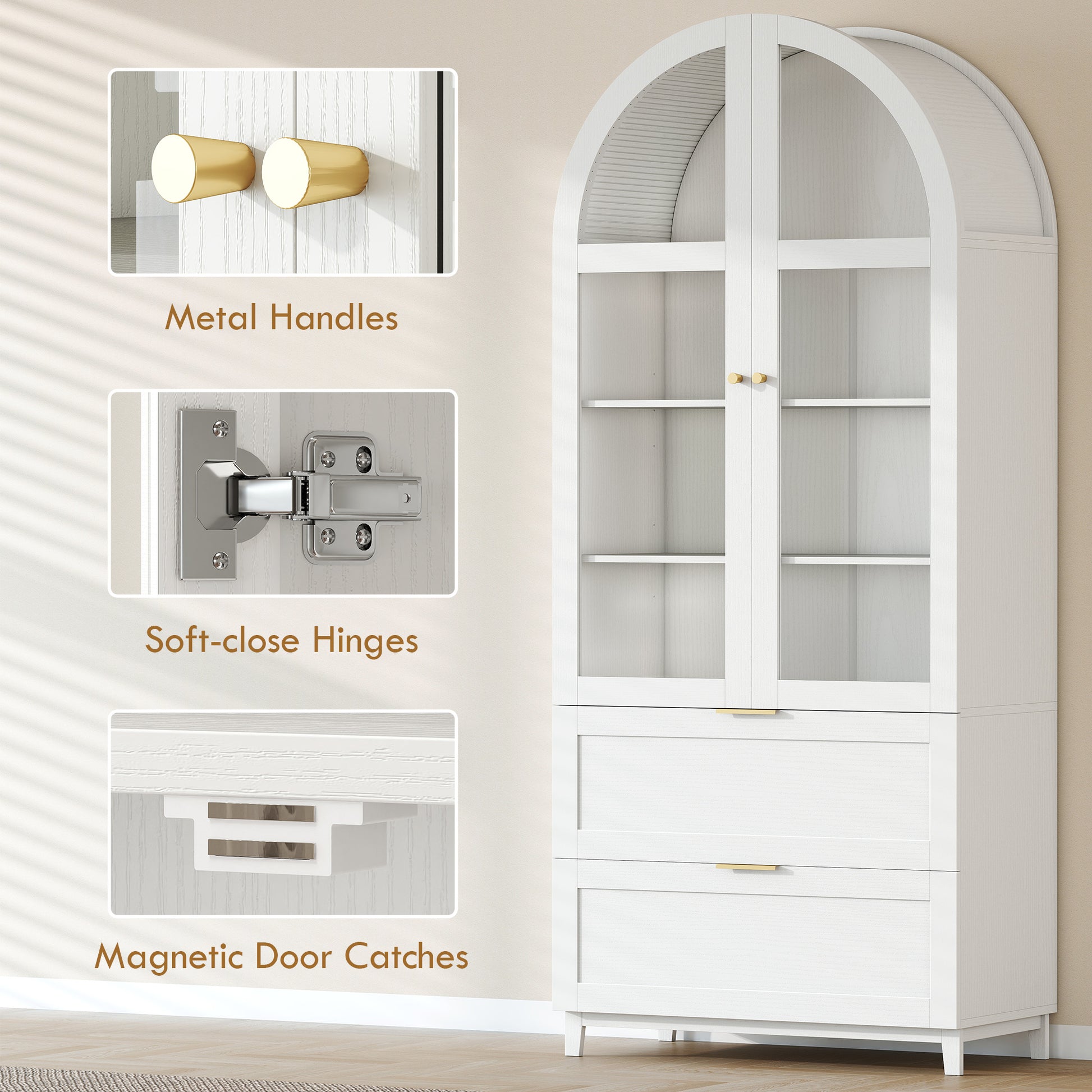 Arched Kitchen Pantry Cabinet, 71" Tall Farmhouse Kitchen Storage Cabinet with 2 Drawers, Acrylic Glass Doors, White-Home Furnishings > Storage & Organization > Kitchen Pantry Cabinets-DECOROLALA