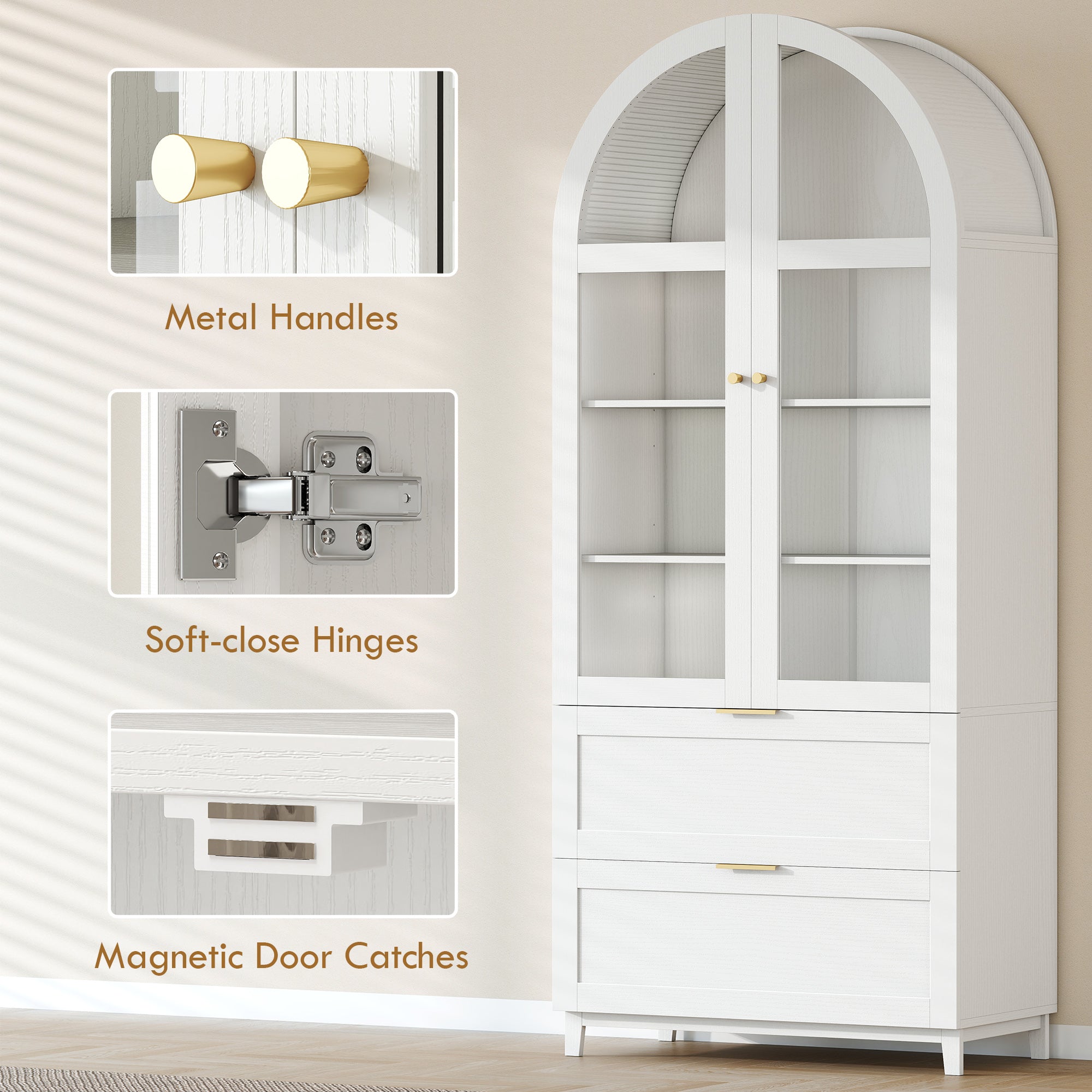 Arched Kitchen Pantry Cabinet, 71" Tall Farmhouse Kitchen Storage Cabinet with 2 Drawers, Acrylic Glass Doors, White-Home Furnishings > Storage & Organization > Kitchen Pantry Cabinets-DECOROLALA