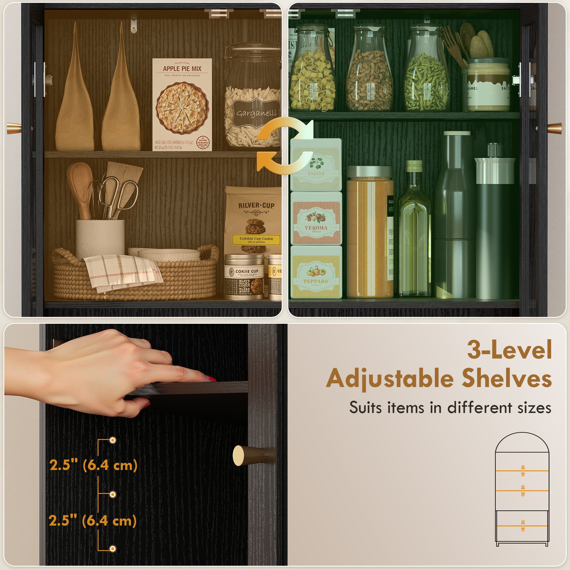 Arched Kitchen Pantry Cabinet, 71" Tall Farmhouse Kitchen Storage Cabinet with Acrylic Glass Doors, Black-Home Furnishings > Storage & Organization > Kitchen Pantry Cabinets-DECOROLALA