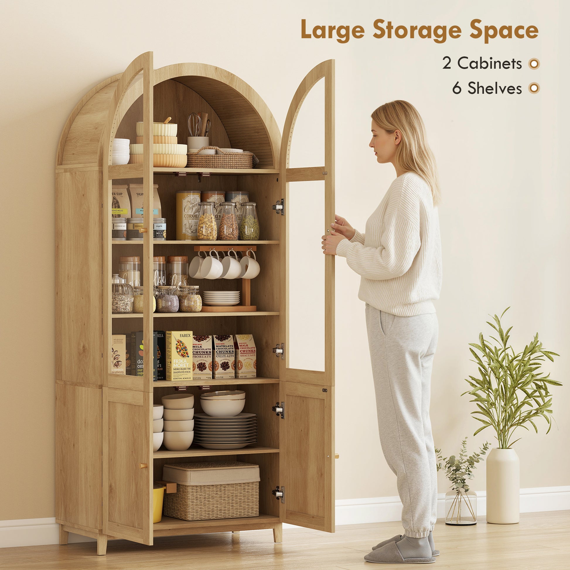 Arched Kitchen Pantry Cabinet, 71" Tall Farmhouse Kitchen Storage Cabinet with Acrylic Glass Doors, Oak-Home Furnishings > Storage & Organization > Kitchen Pantry Cabinets-DECOROLALA